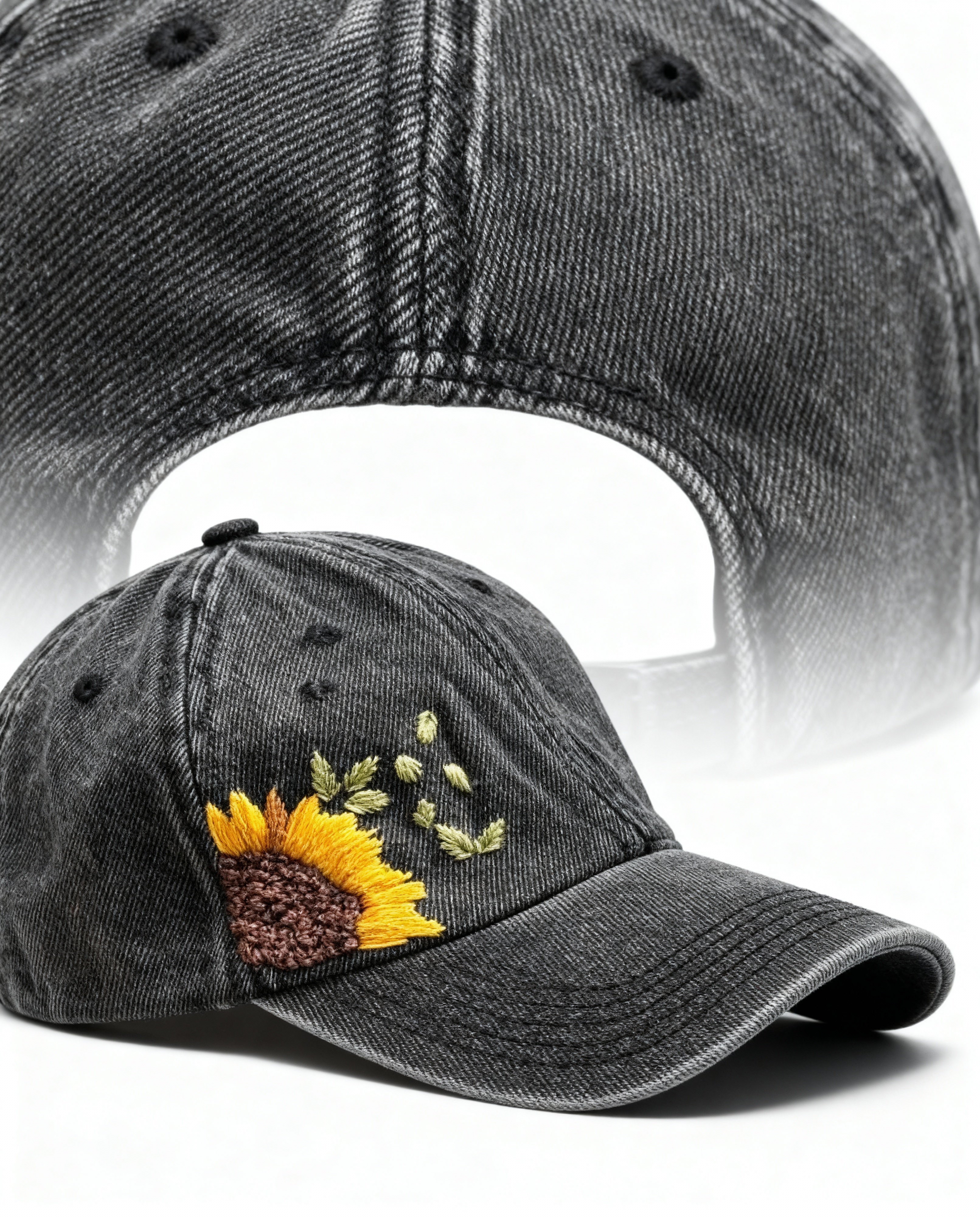 Hand-Embroidered Sunflower Denim Cap – Acid Wash Denim