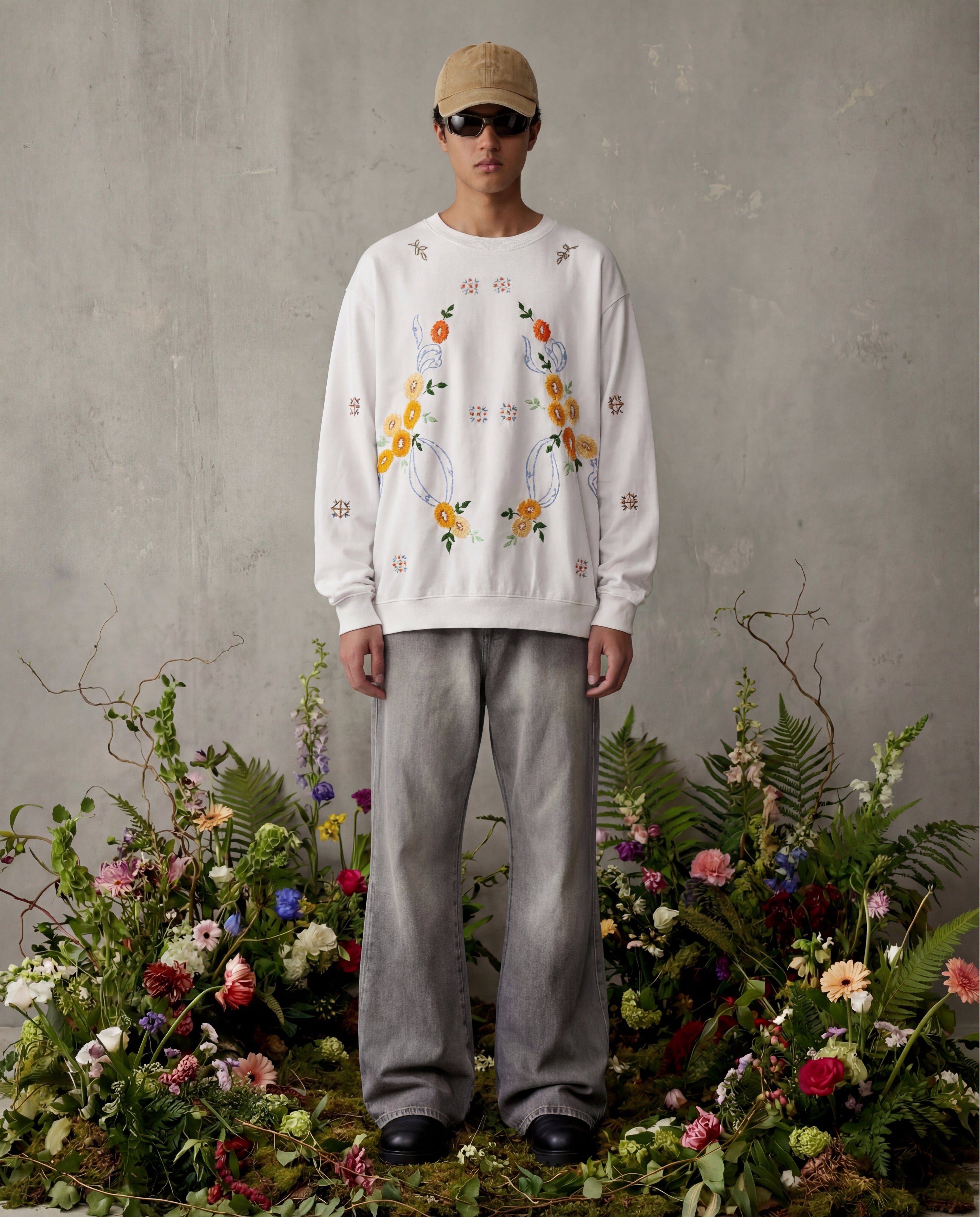 Person wearing a floral embroidered sweater and gray pants standing among flowers and plants.