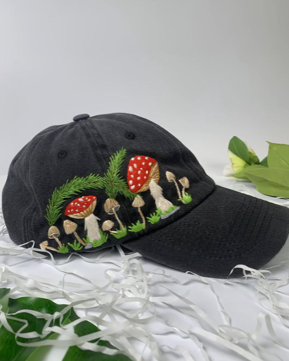 mushroom embroidered acid wash denim cap