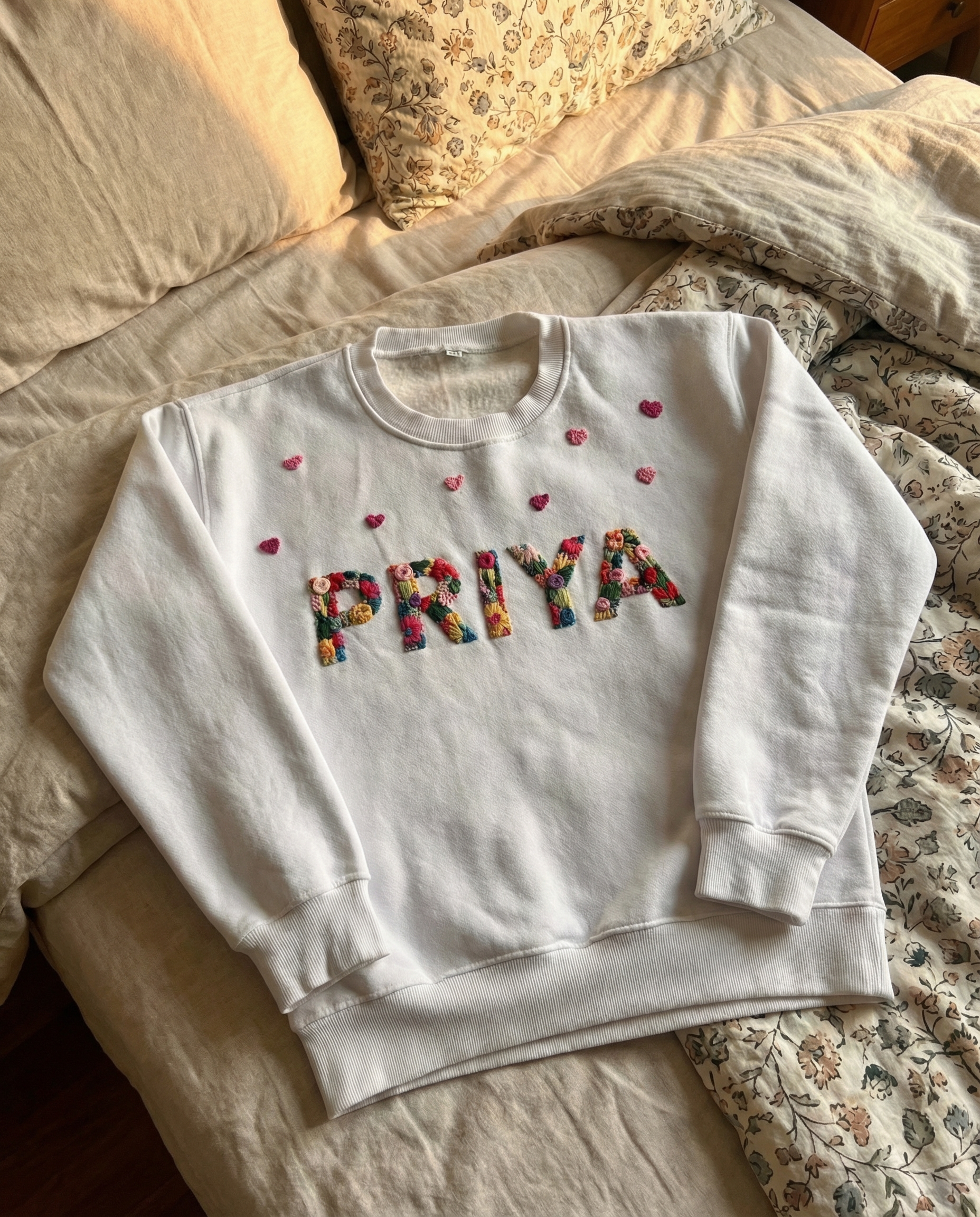 White sweatshirt with colorful letters hand embroidered spelling 'PRIYA' on a bed with floral patterns.