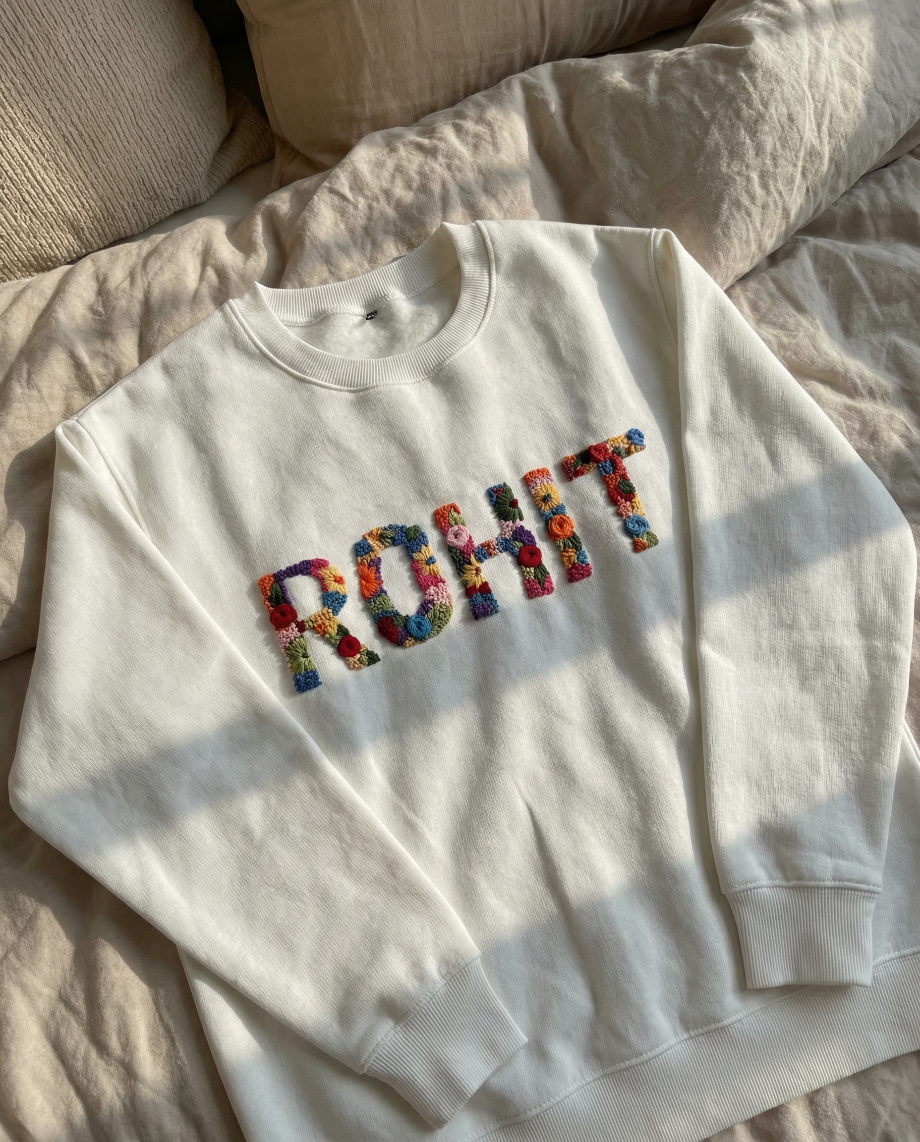 White sweatshirt with personalized name embroidered 'ROHIT' text on a beige surface