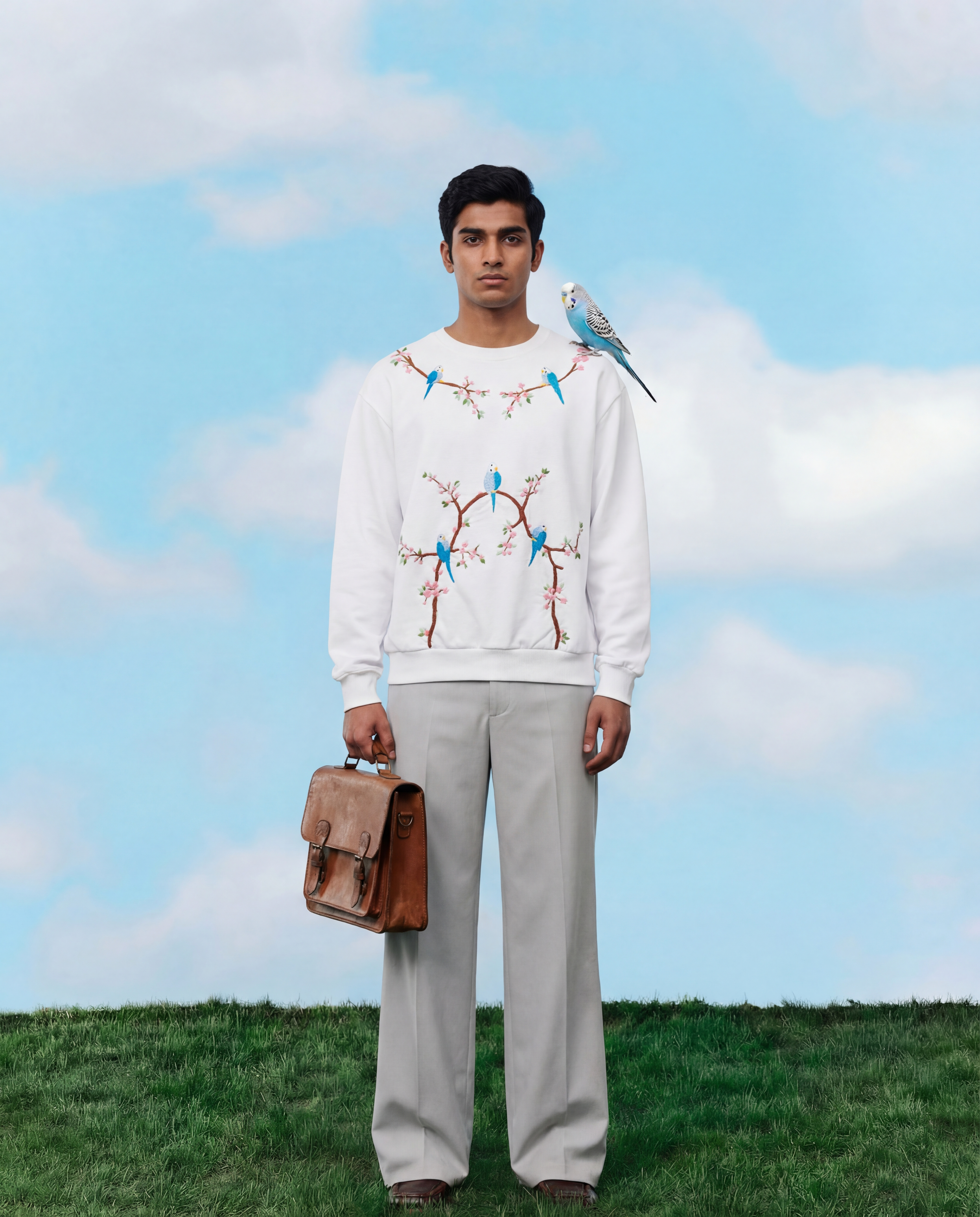Man wearing a sweater with bird hand embroidered design, holding a briefcase, standing on grass with a blue sky background