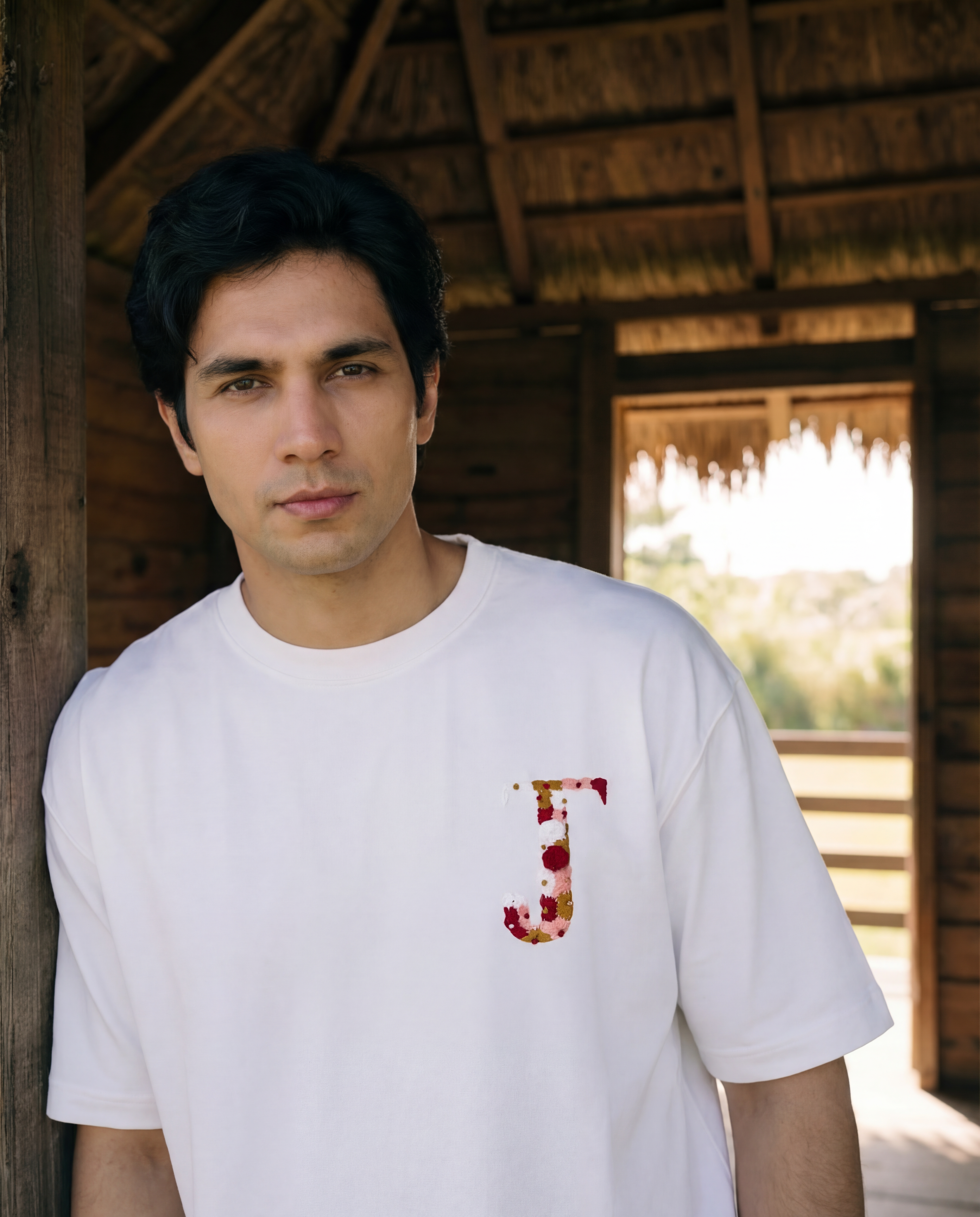 Hand embroidery name on shirt — man wearing custom name embroidered white t-shirt outdoors, real thread artisan work