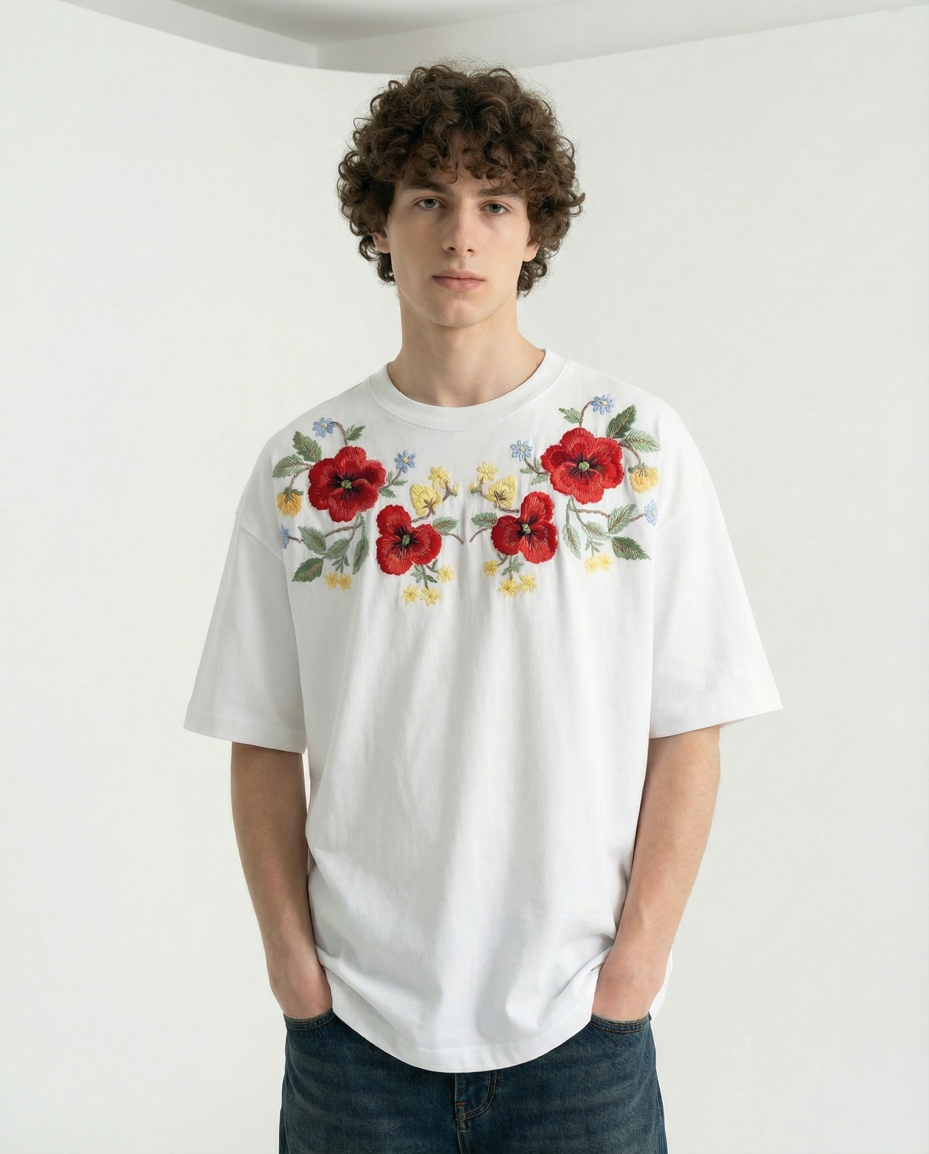 Person wearing a Premium white embroidered shirt made from 220 gsm cotton fabric