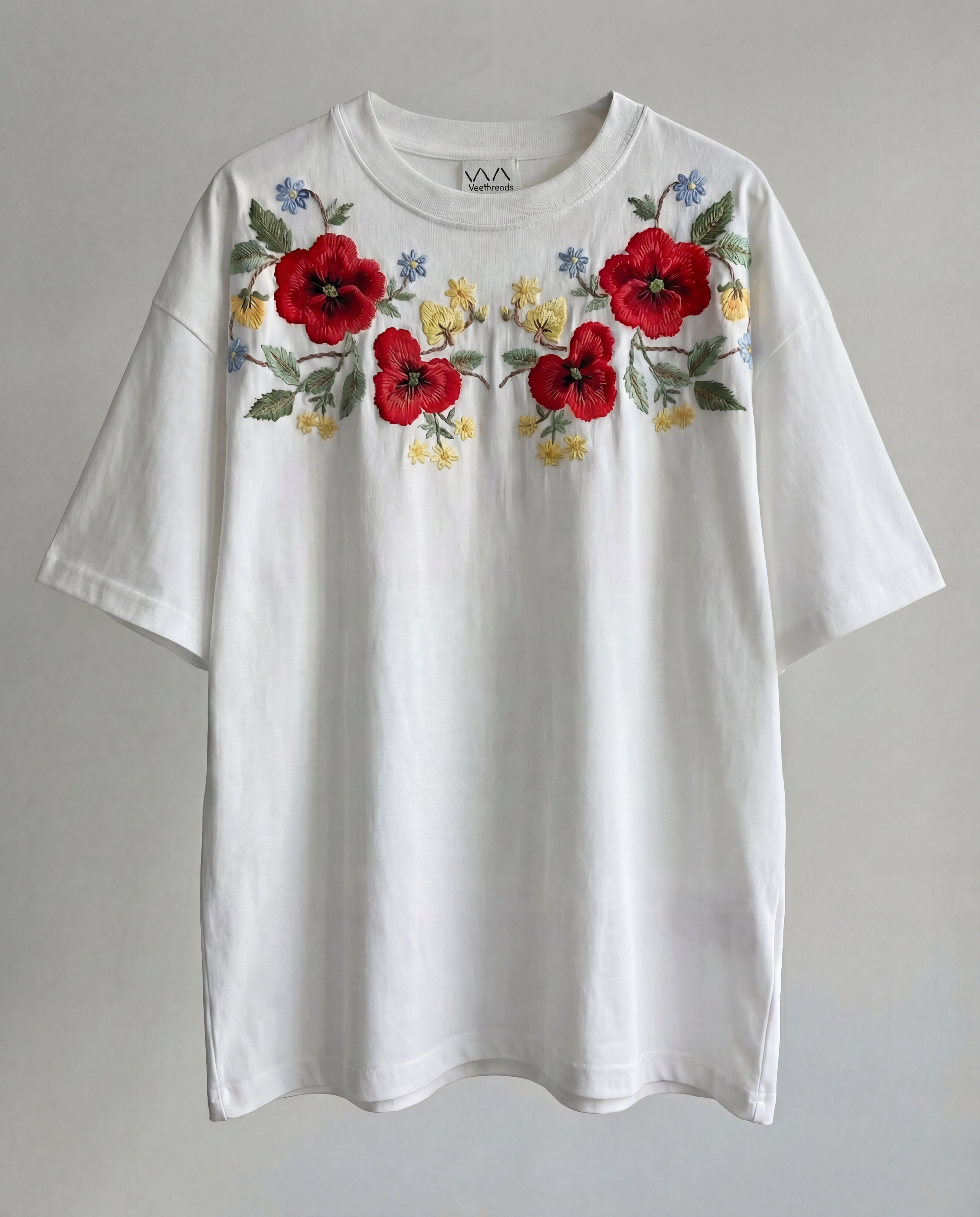 White embroidered shirt with red floral hand embroidery on premium cotton