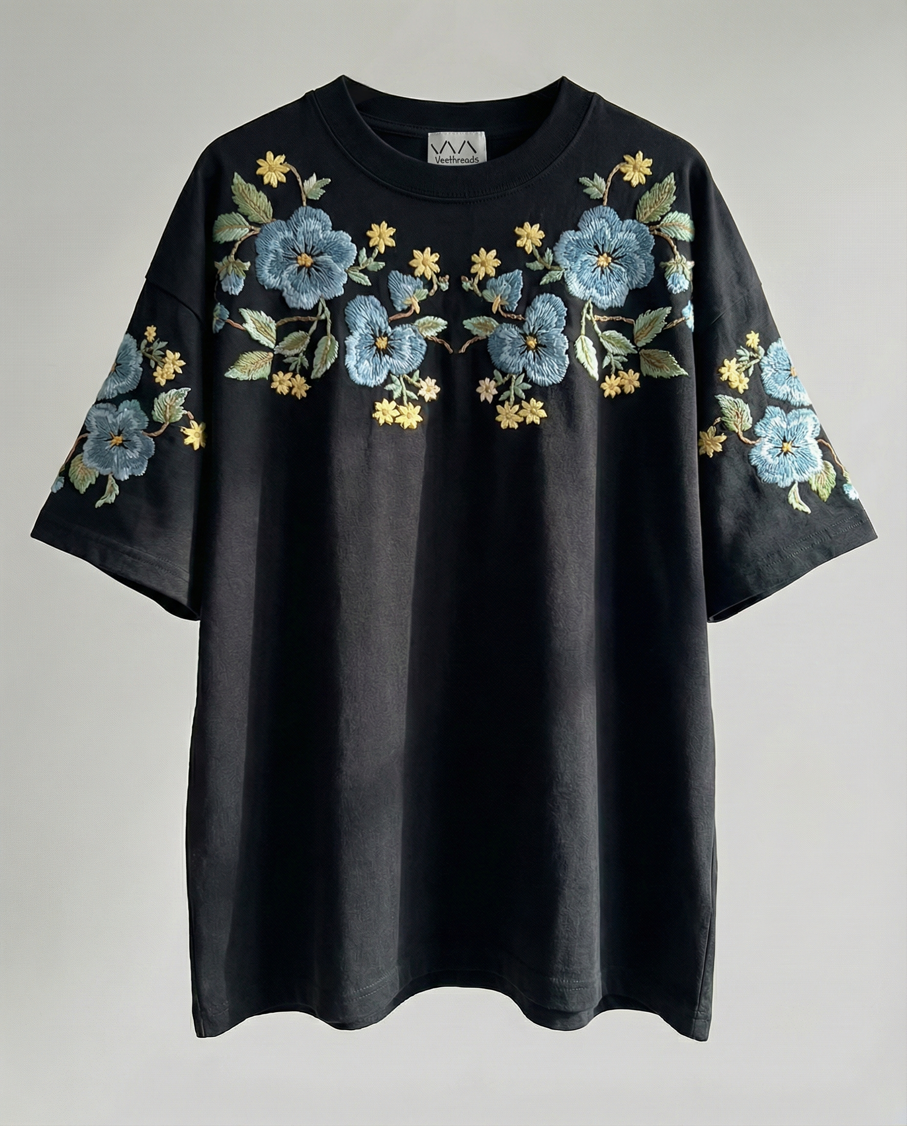 Black Floral Embroidered T-Shirt – Midnight Garden Cotton – Vee Black Floral Embroidered T-Shirt – Midnight Garden Cotton – Vee