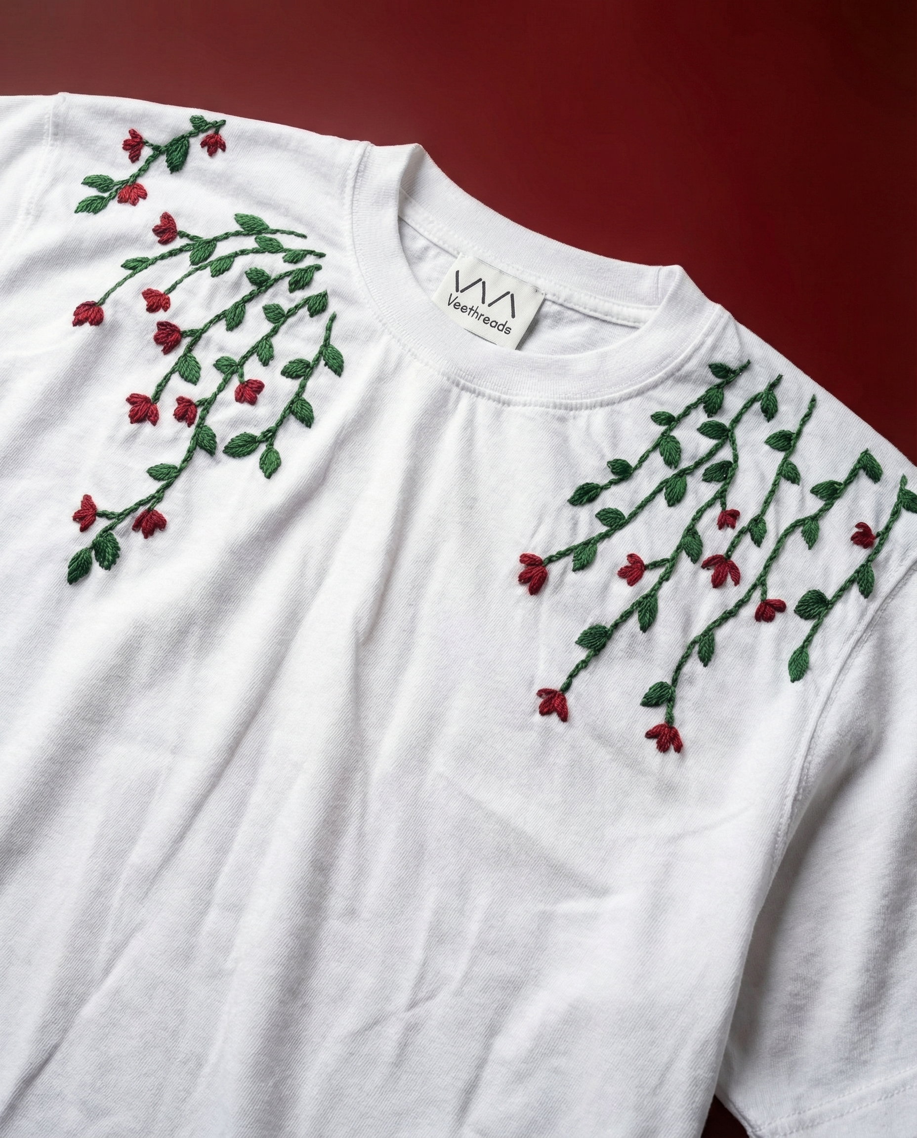Women's Hand-Embroidered Floral Vine T-Shirt – Nature-Inspired