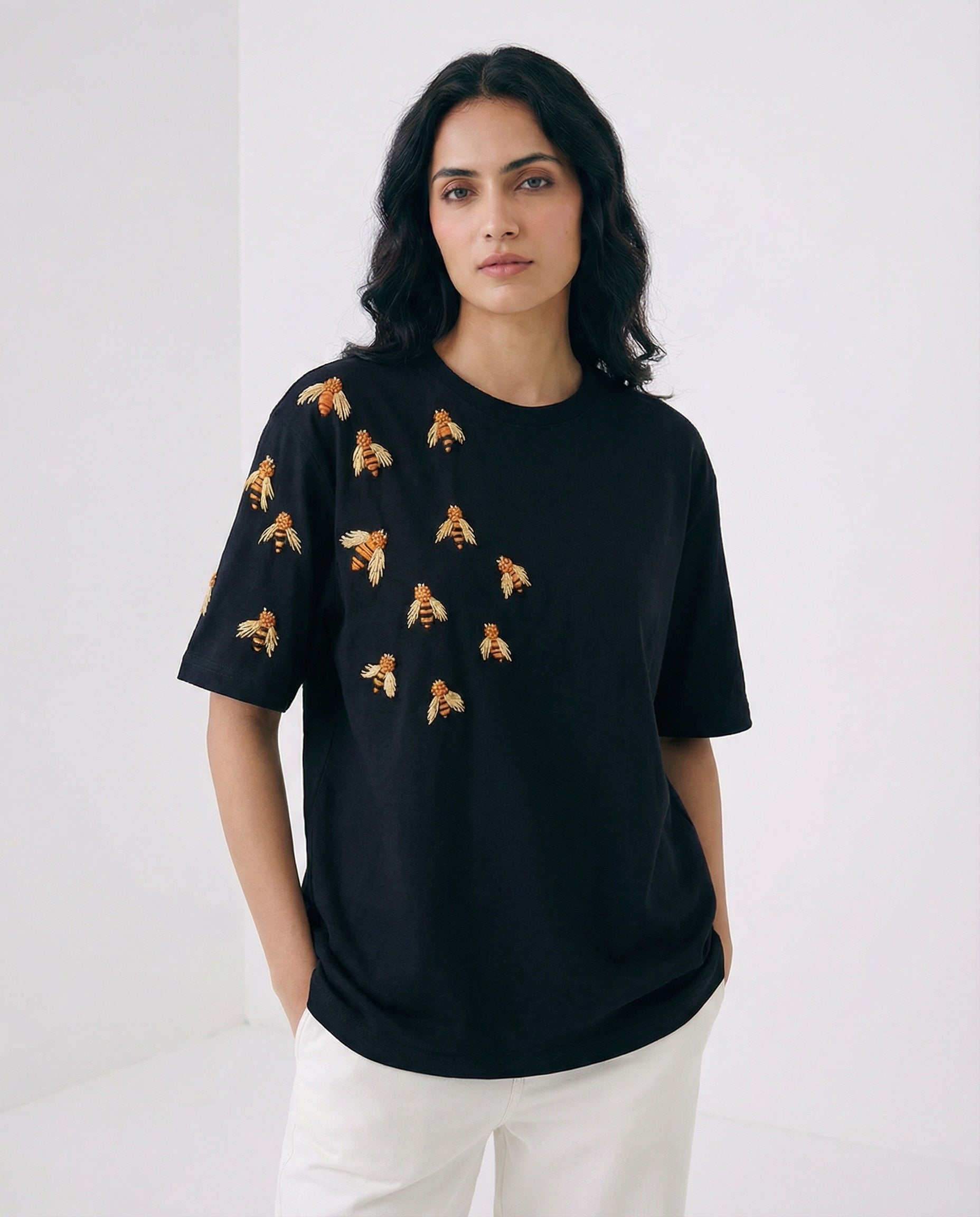 Bee Hand Embroidered Oversized T-shirt (Unisex)