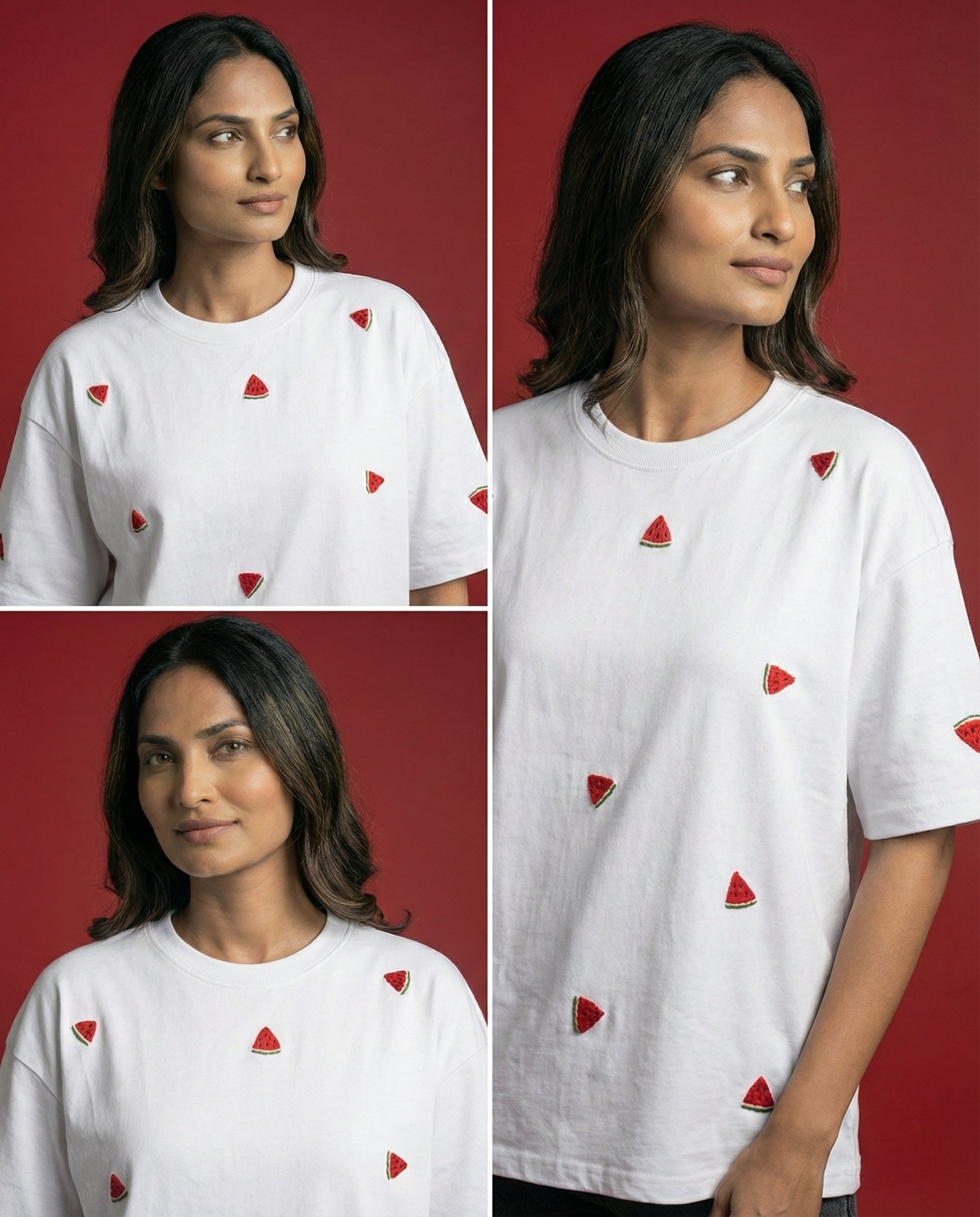 Woman wearing a white t-shirt with red heart patterns on a red background