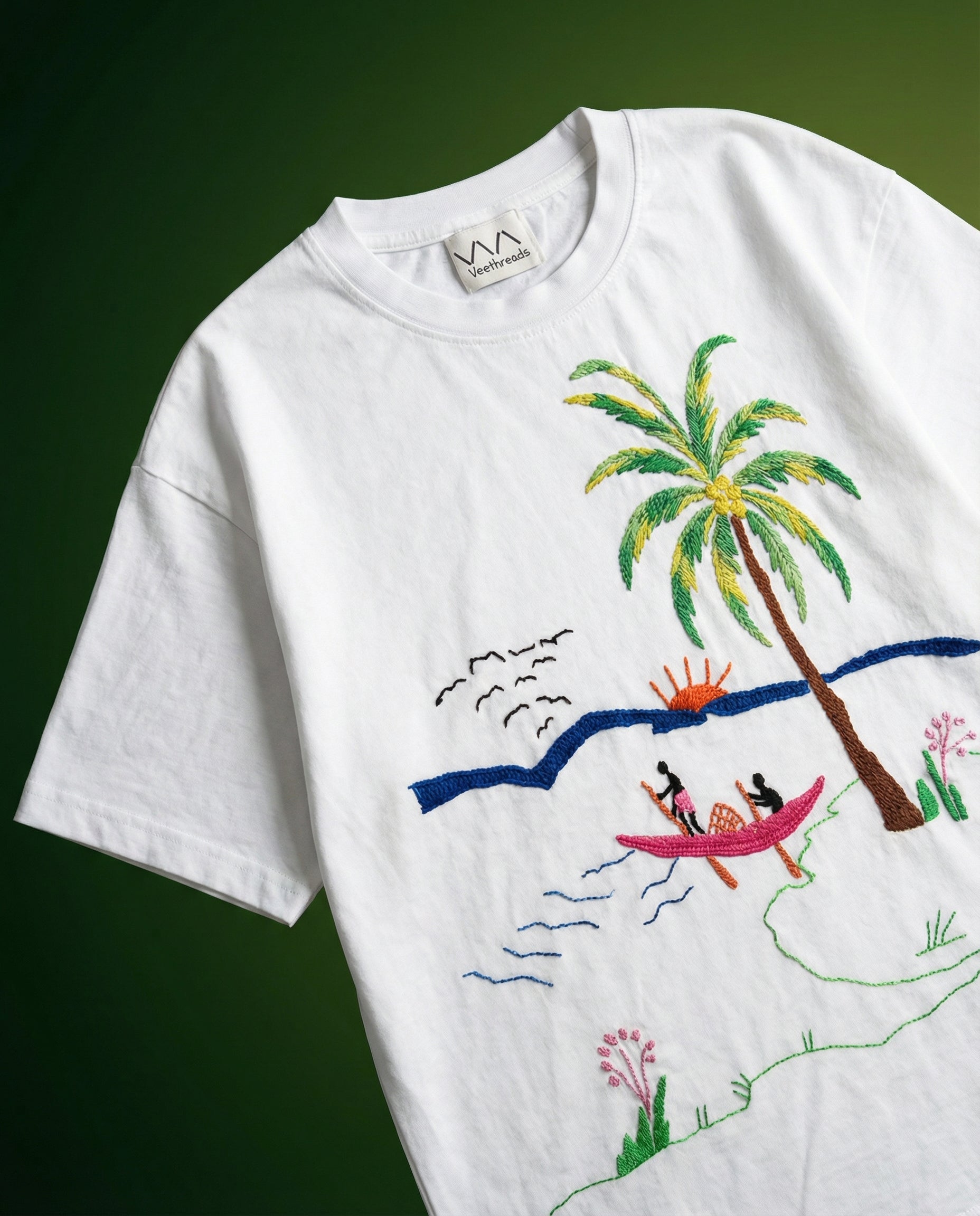 Hand embroidered oversized beach t shirt with sunset palm tree design for men and women