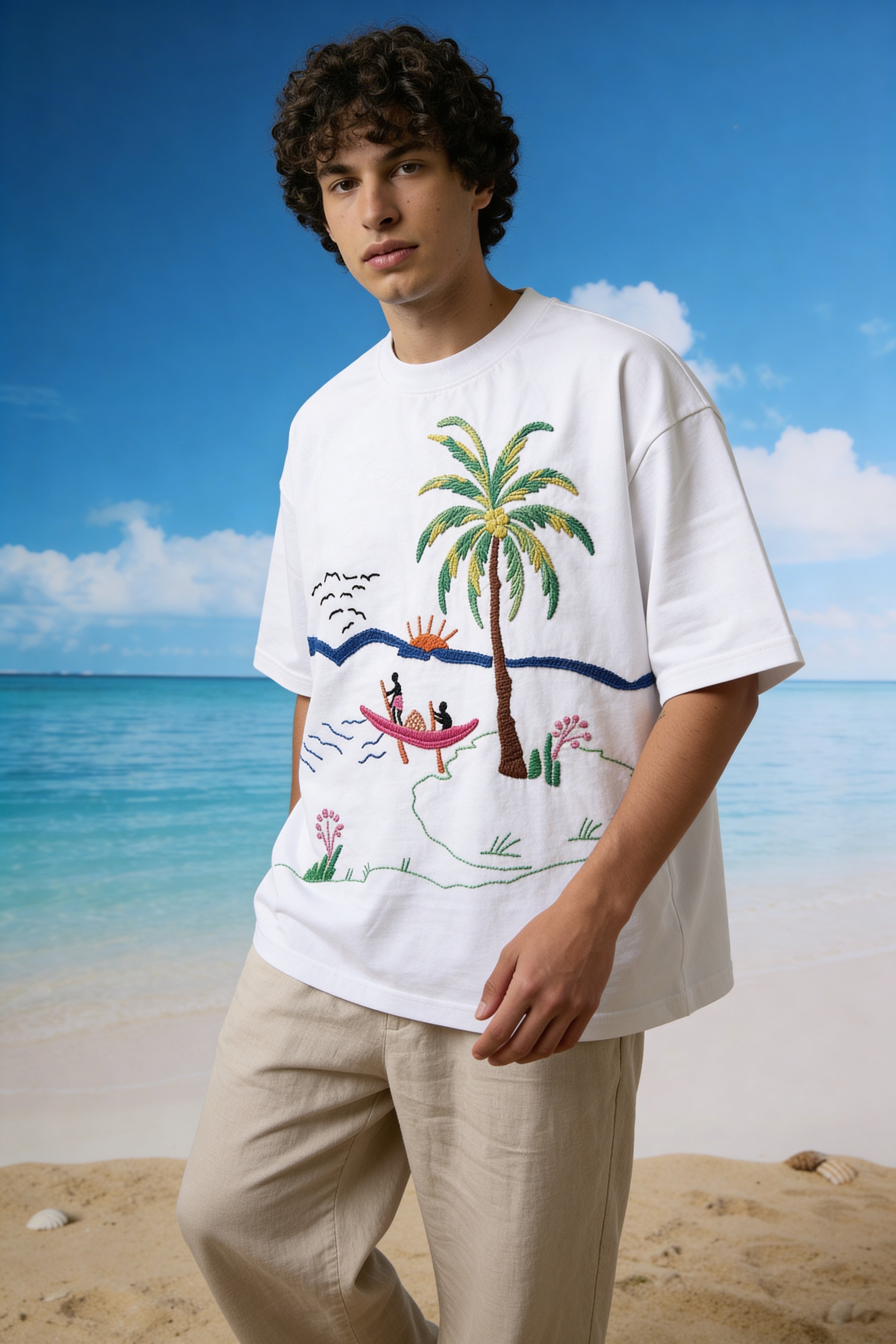 Person wearing Oversized beach shirt with hand embroidered ocean sunset scene – beach shirts for men and women