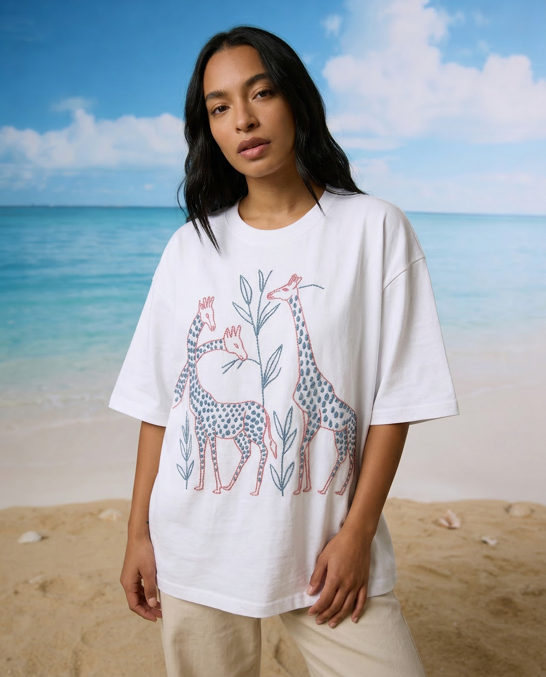 model styling premium giraffe embroidered tee casual summer vacation outfit