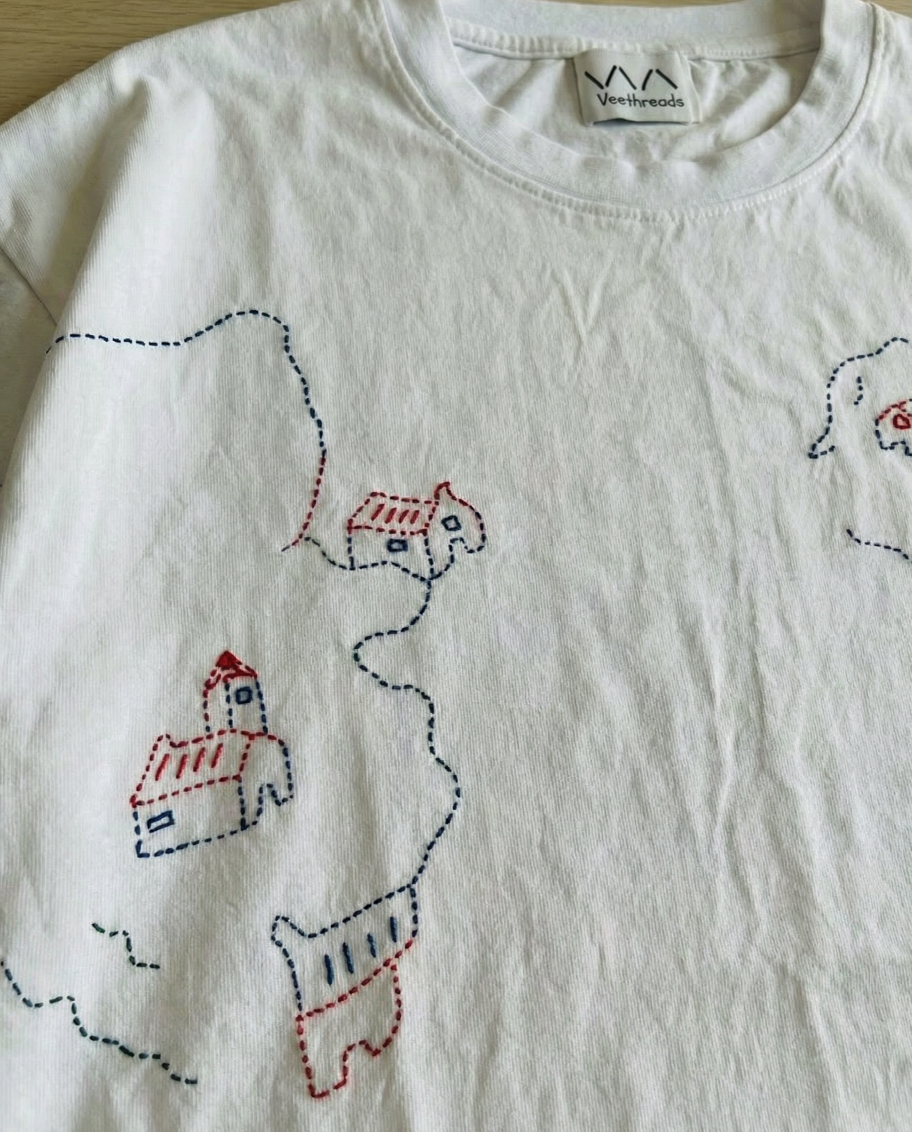 closeup artisan embroidery thread work on white embroidered shirt
