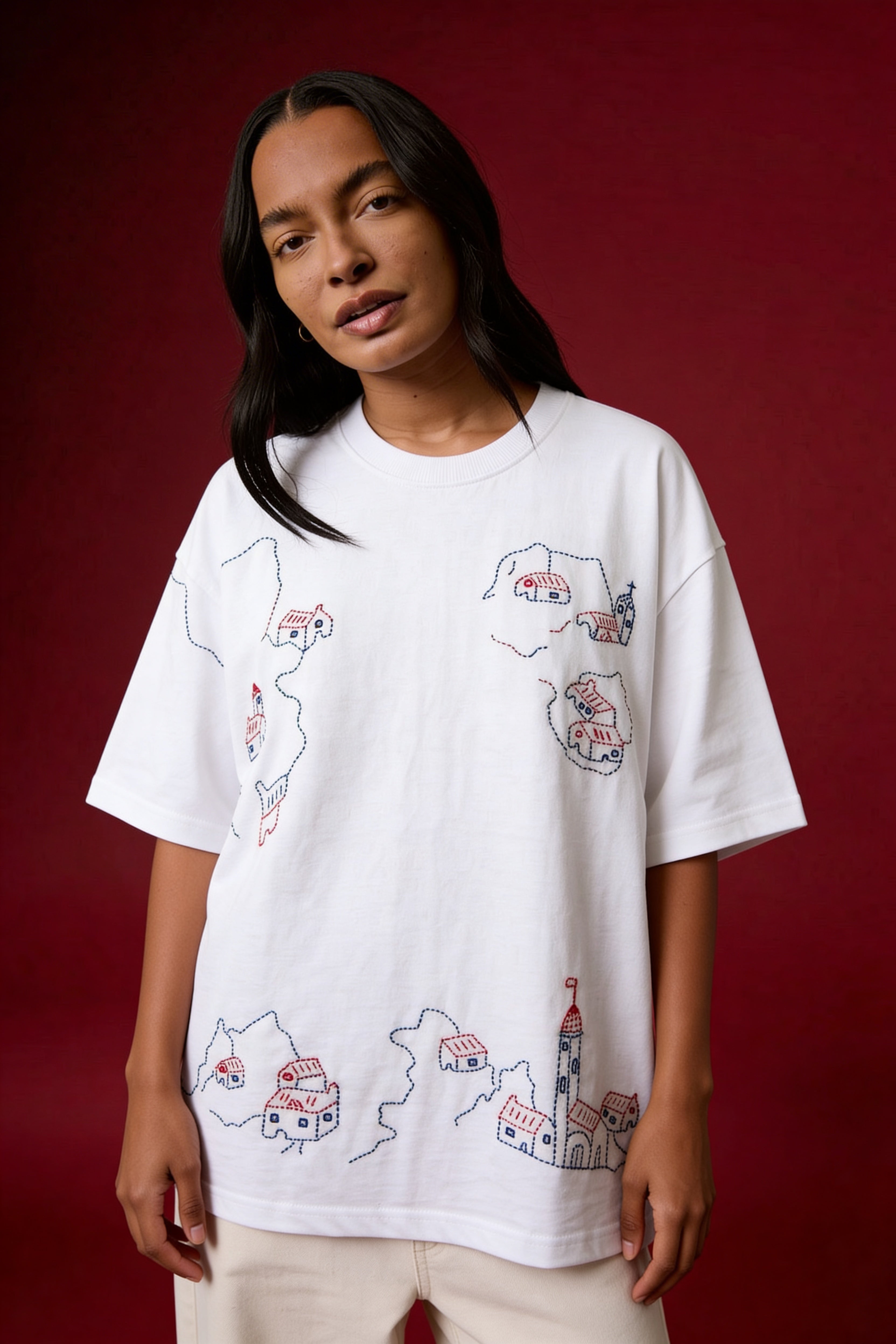 model styling handmade embroidered tshirt minimal village embroidery fashion