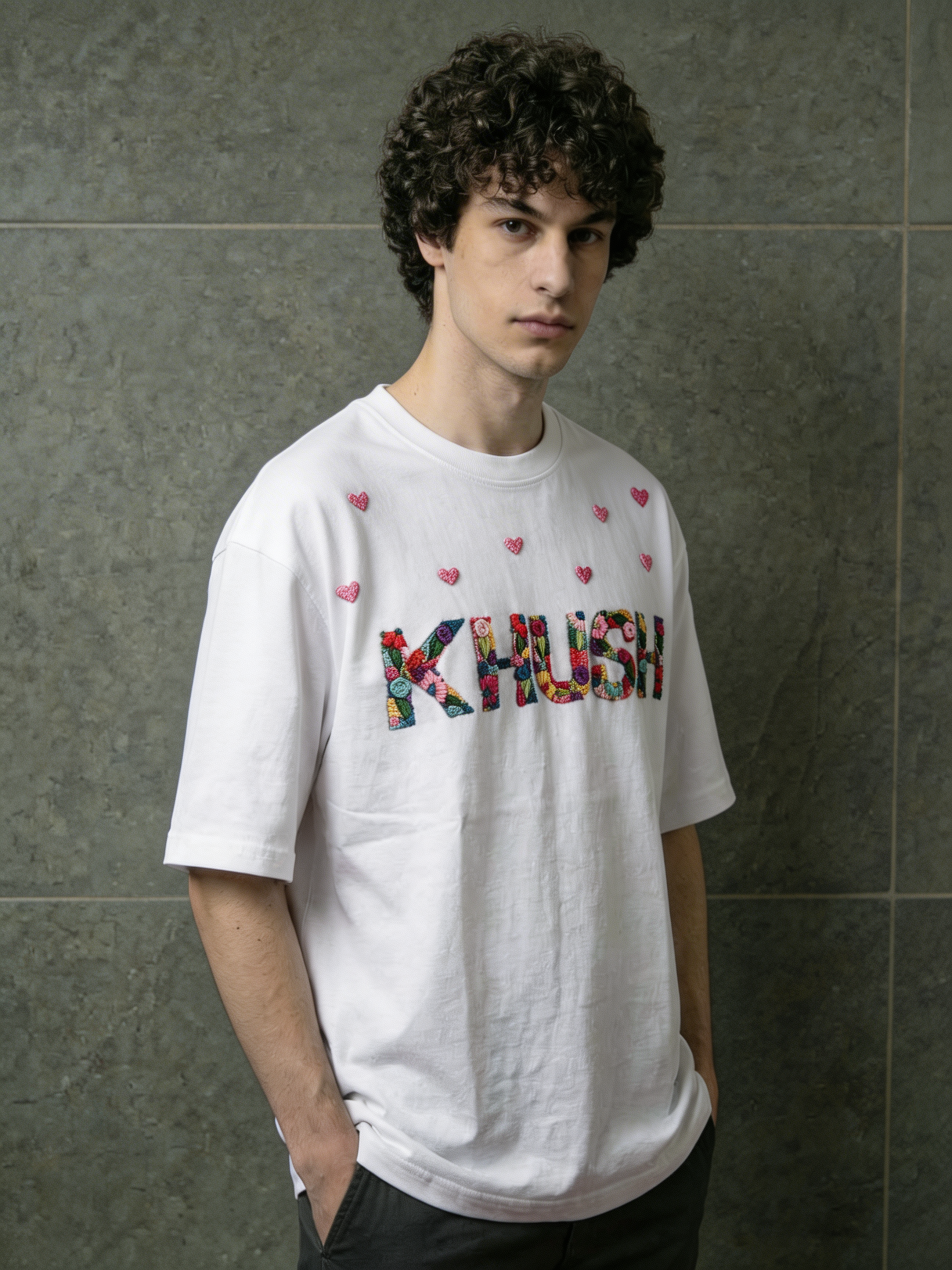 Personalised name framed by tiny hand-stitched hearts on a cotton oversized tee — choose your name, embroidered by Vee Threads artisans.
