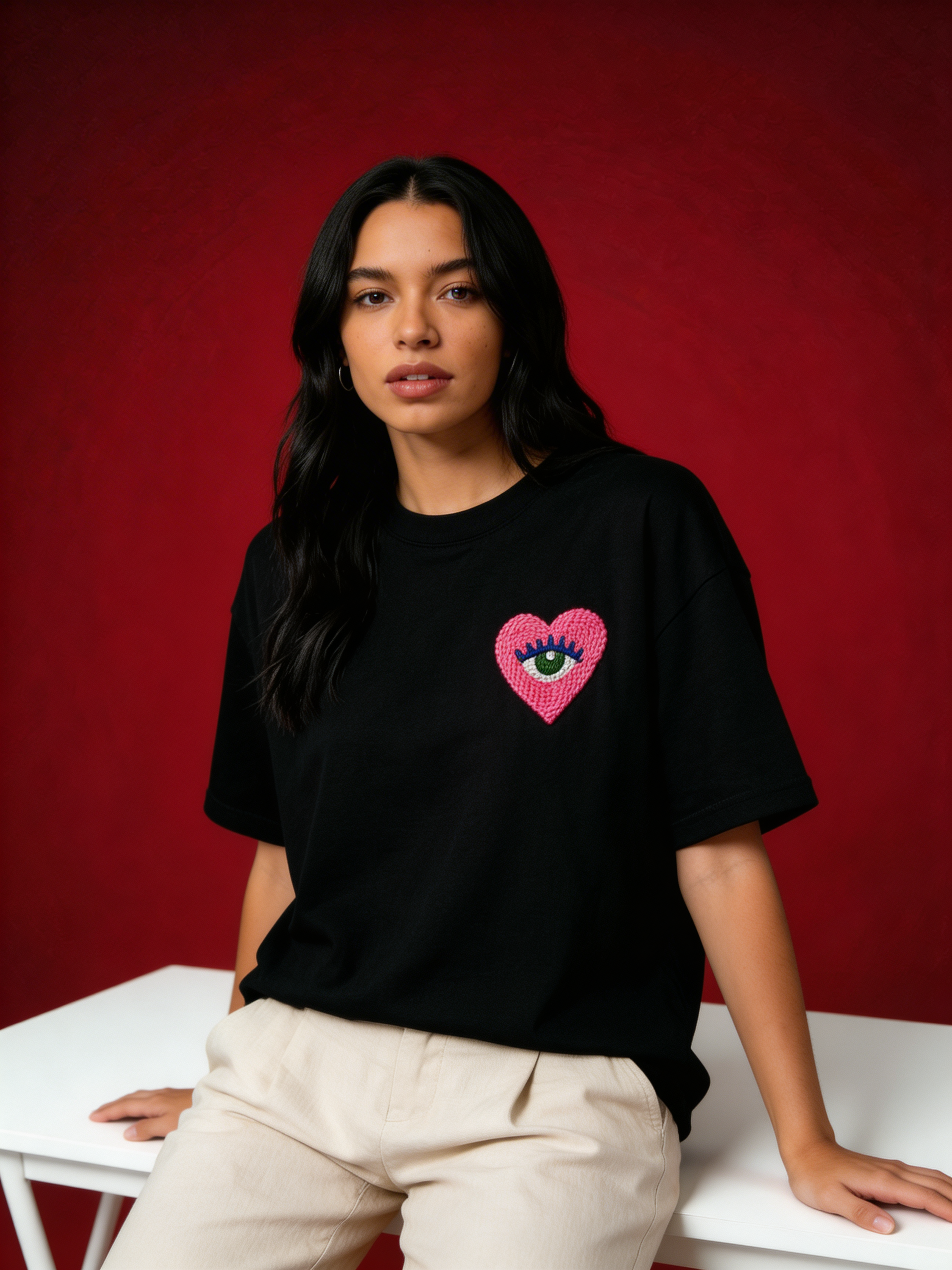 Statement Love Eye tee — chunky pink heart and green eye hand-embroidered on black cotton, oversized unisex fit.