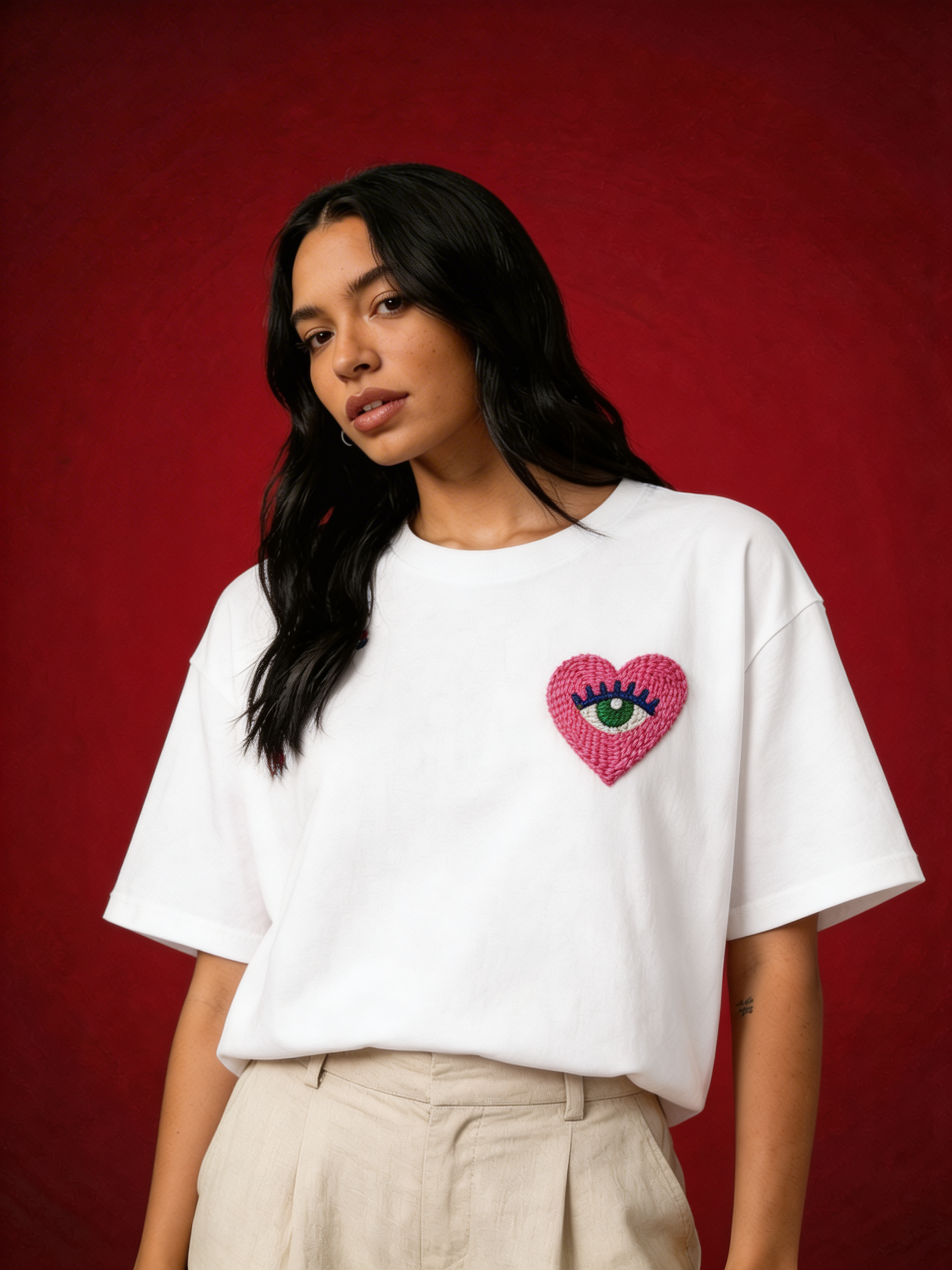Love Eye Hand Embroidered White T-Shirt