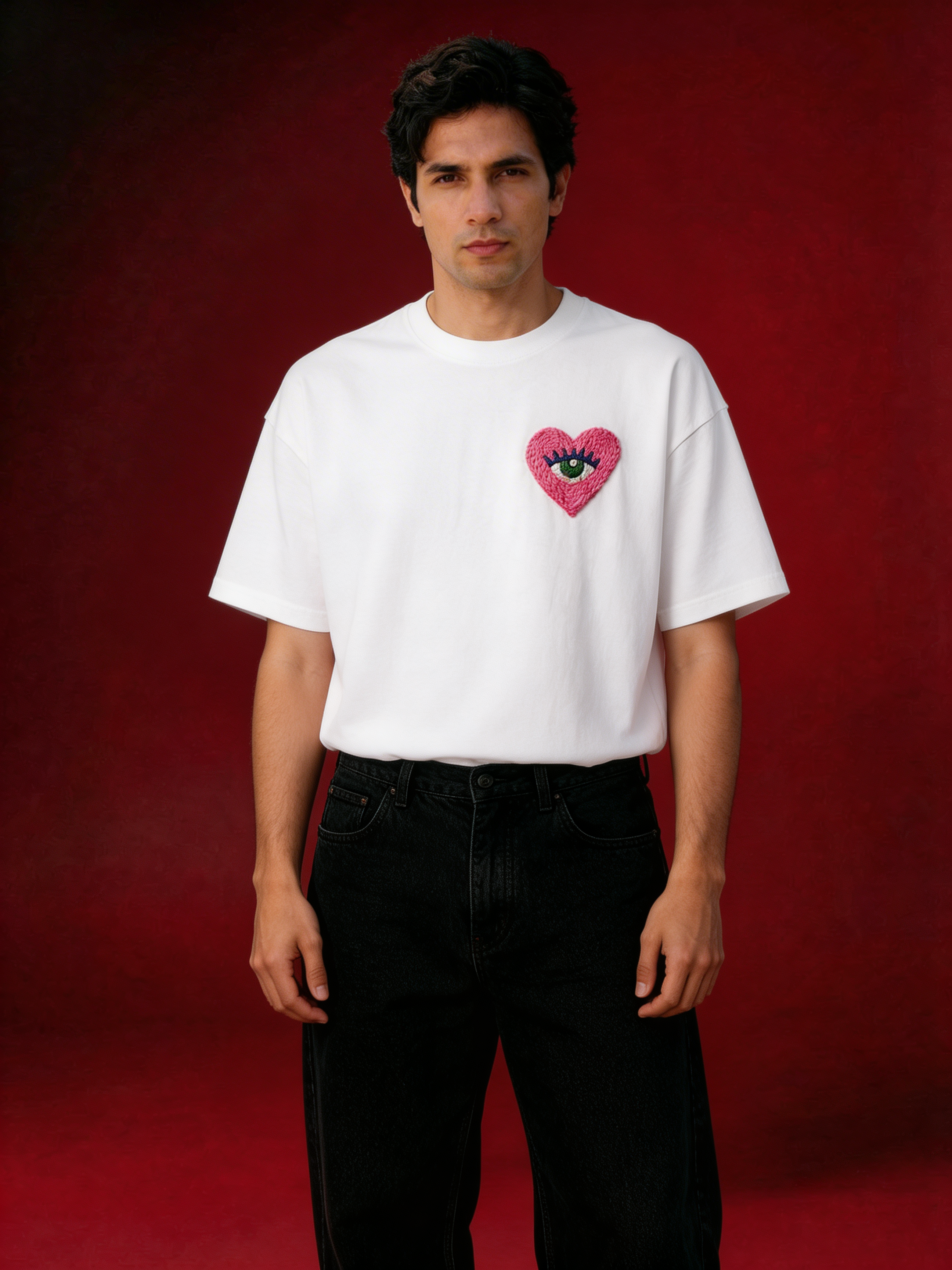 Love Eye Hand Embroidered White T-Shirt
