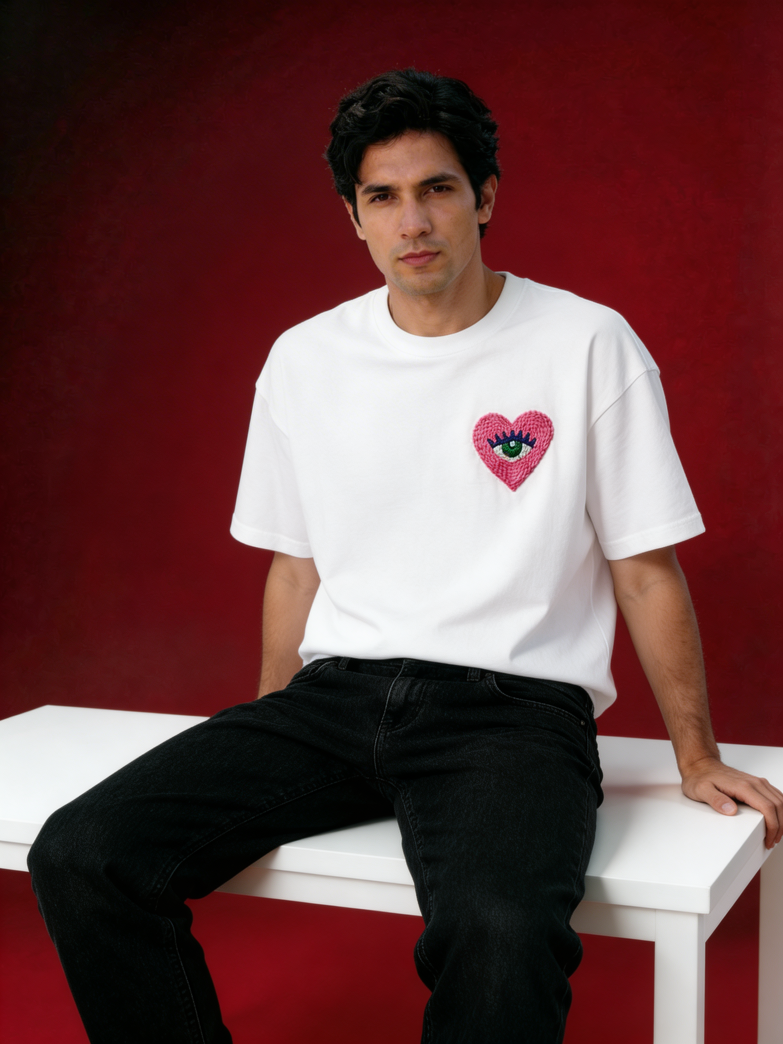 Love Eye Hand Embroidered White T-Shirt