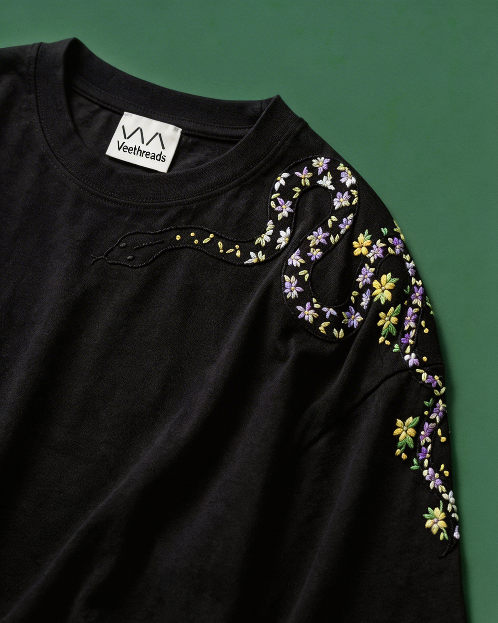 Serpentine garden hand embroidered t-shirt — black long-sleeve cotton tee with floral hand embroidery winding across shoulder