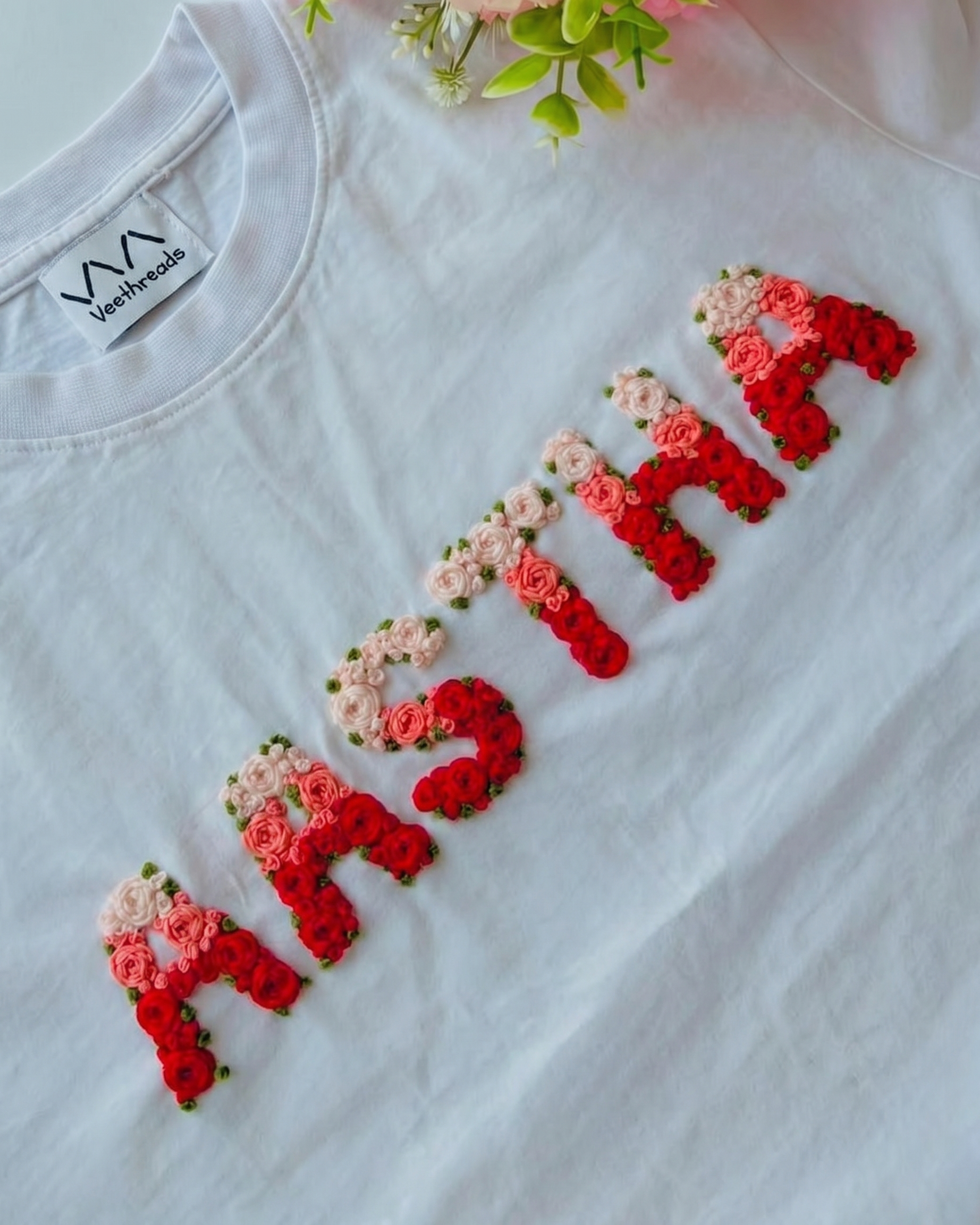 Hand embroidered name multi-shade tee — custom name hand-embroidered in two-shade thread on white cotton tee, oversized unisex fit