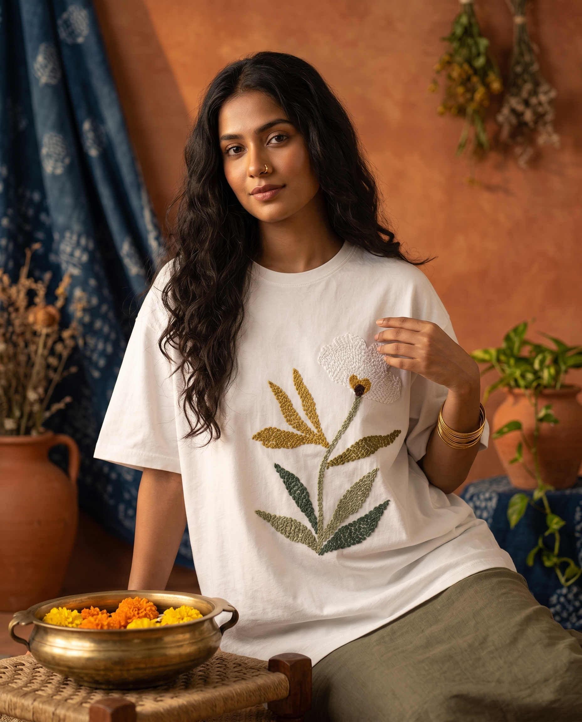 Woman wearing The Botanist Tee by Veethreads — hand embroidered oversized white cotton t-shirt with large botanical floral motif, front view