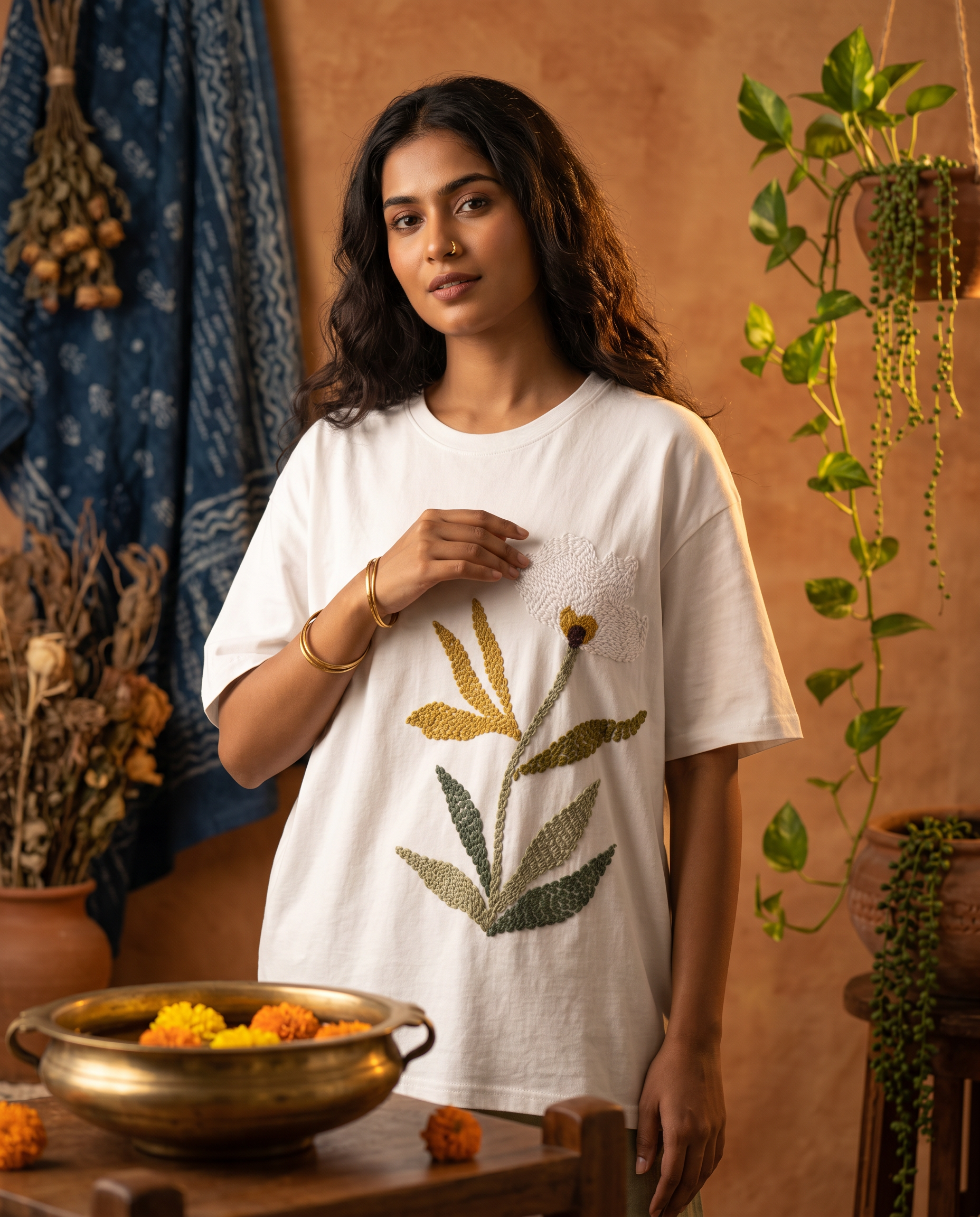 The Botanist Tee by Veethreads worn outdoors in natural light — hand embroidered white cotton oversized t-shirt with botanical floral embroidery
