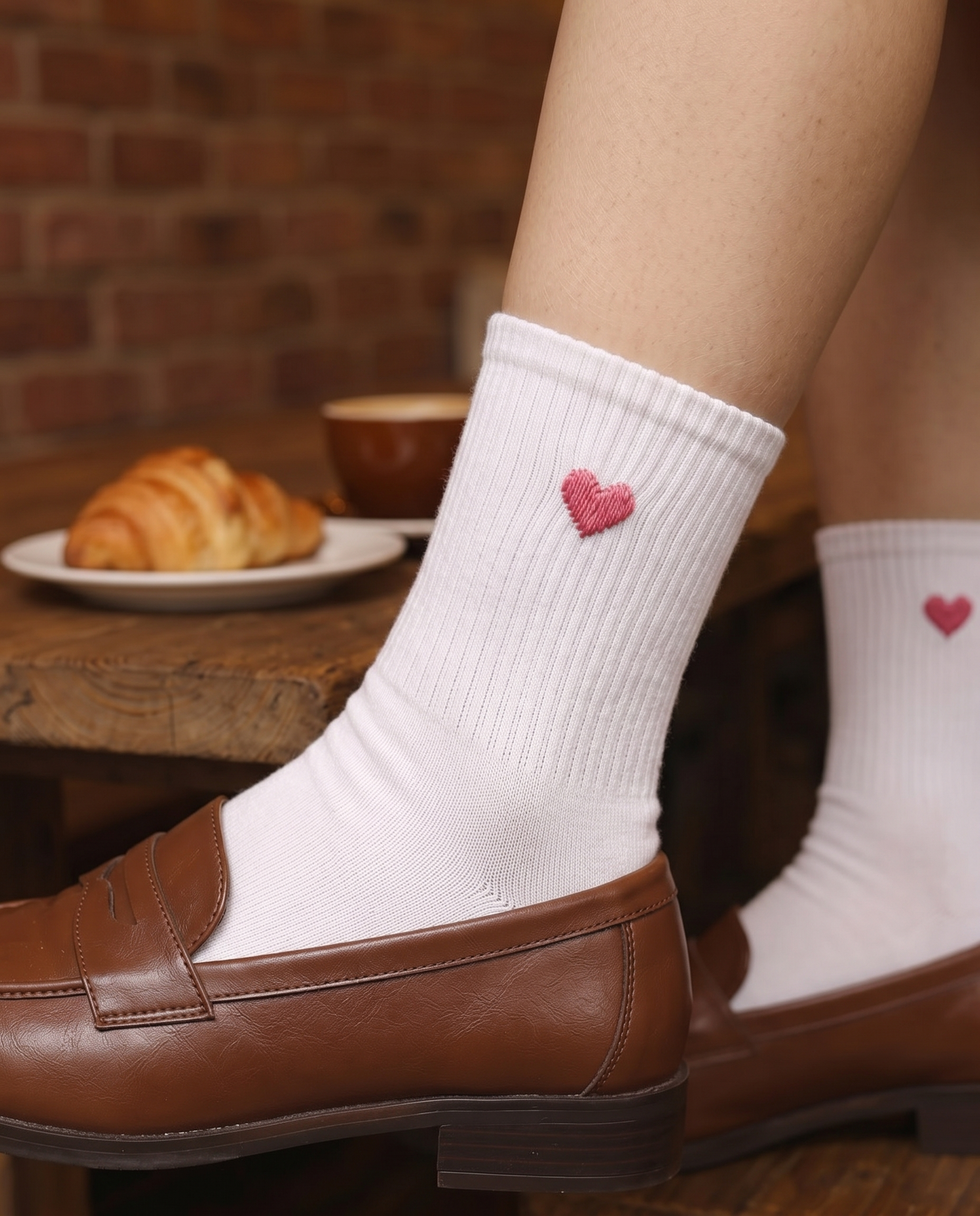 White socks with pink hearts worn with brown shoes, sitting at a table with a croissant and coffee.