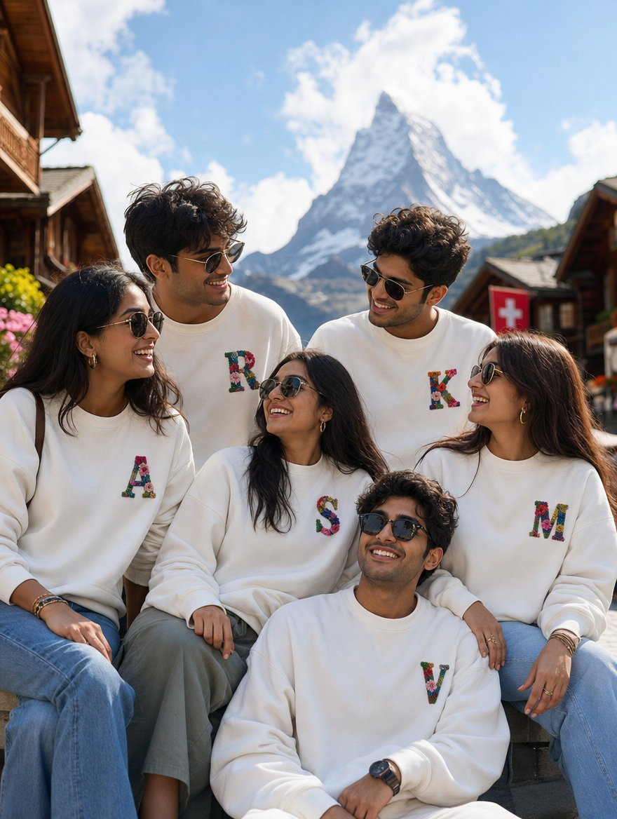 Group of people wearing white sweaters with colorful letters in front of a mountainous landscape.