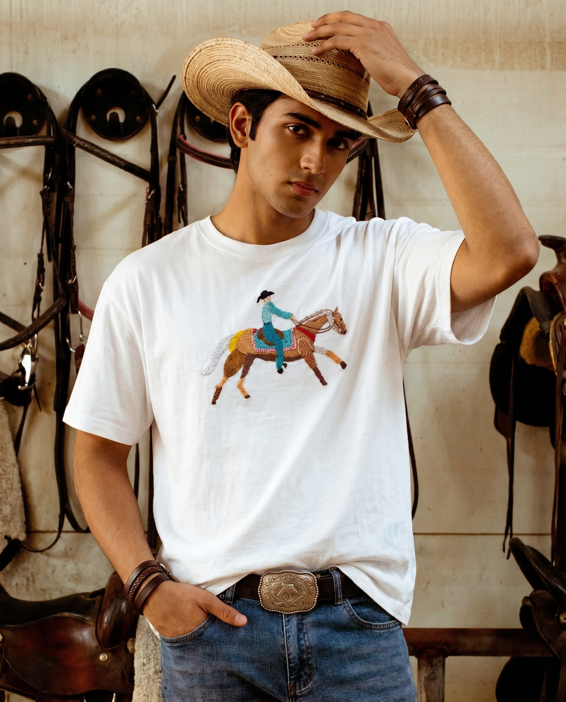Trail Rider Hand-Embroidered Horse & Cowboy T-Shirt