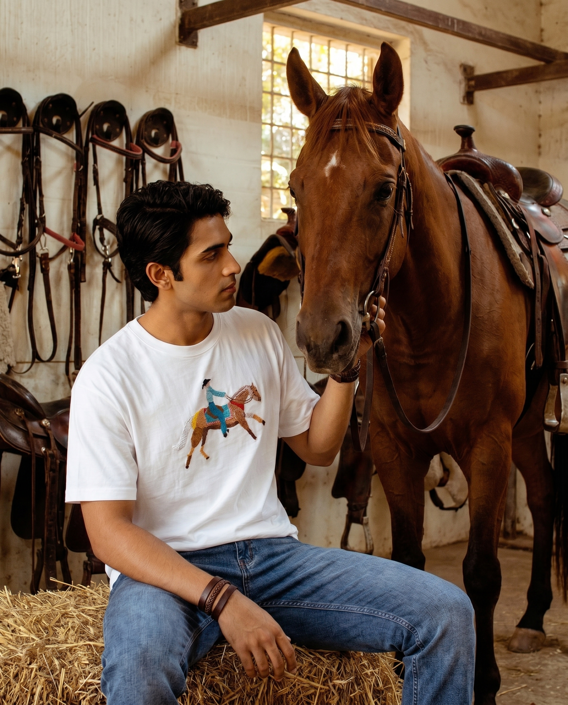 Trail Rider Hand-Embroidered Horse & Cowboy T-Shirt