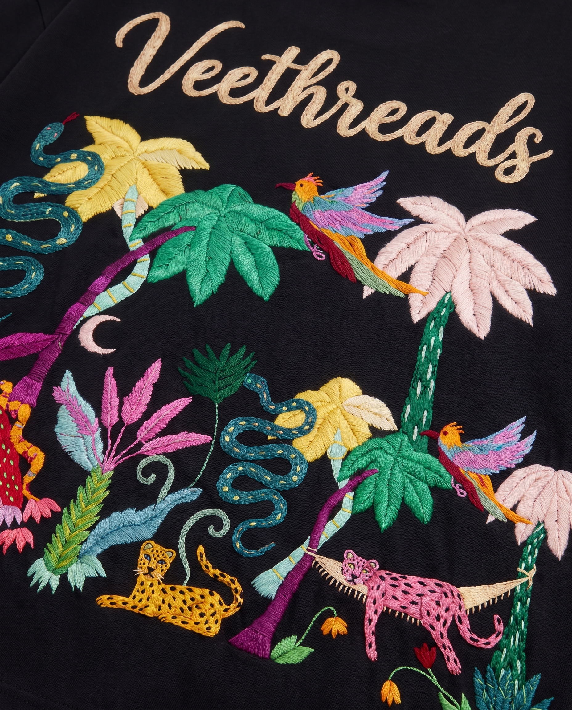 Night Jungle Hand Embroidered Oversized T-Shirt, Black