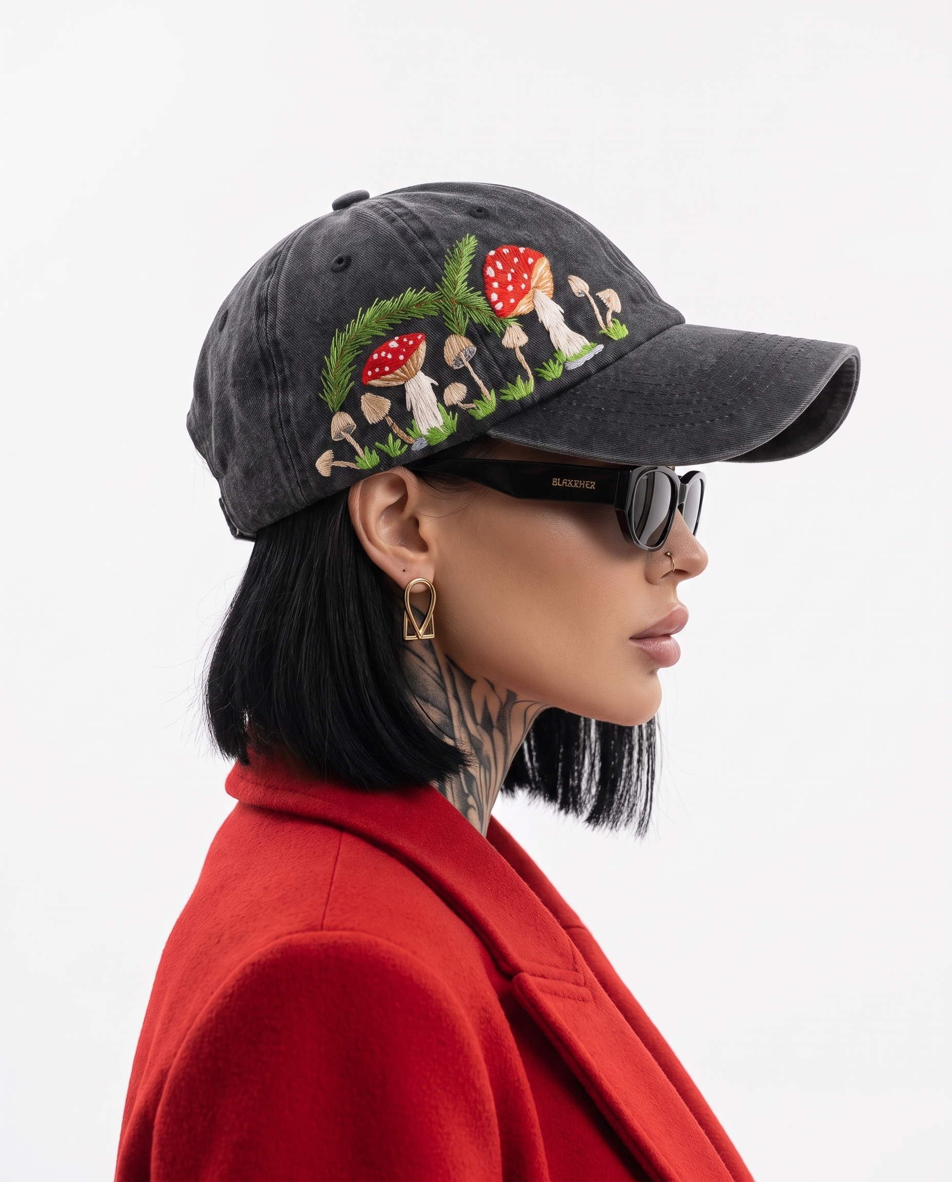 Side view of model in Vee Threads meadows mushroom hand-embroidered acid-wash denim cap