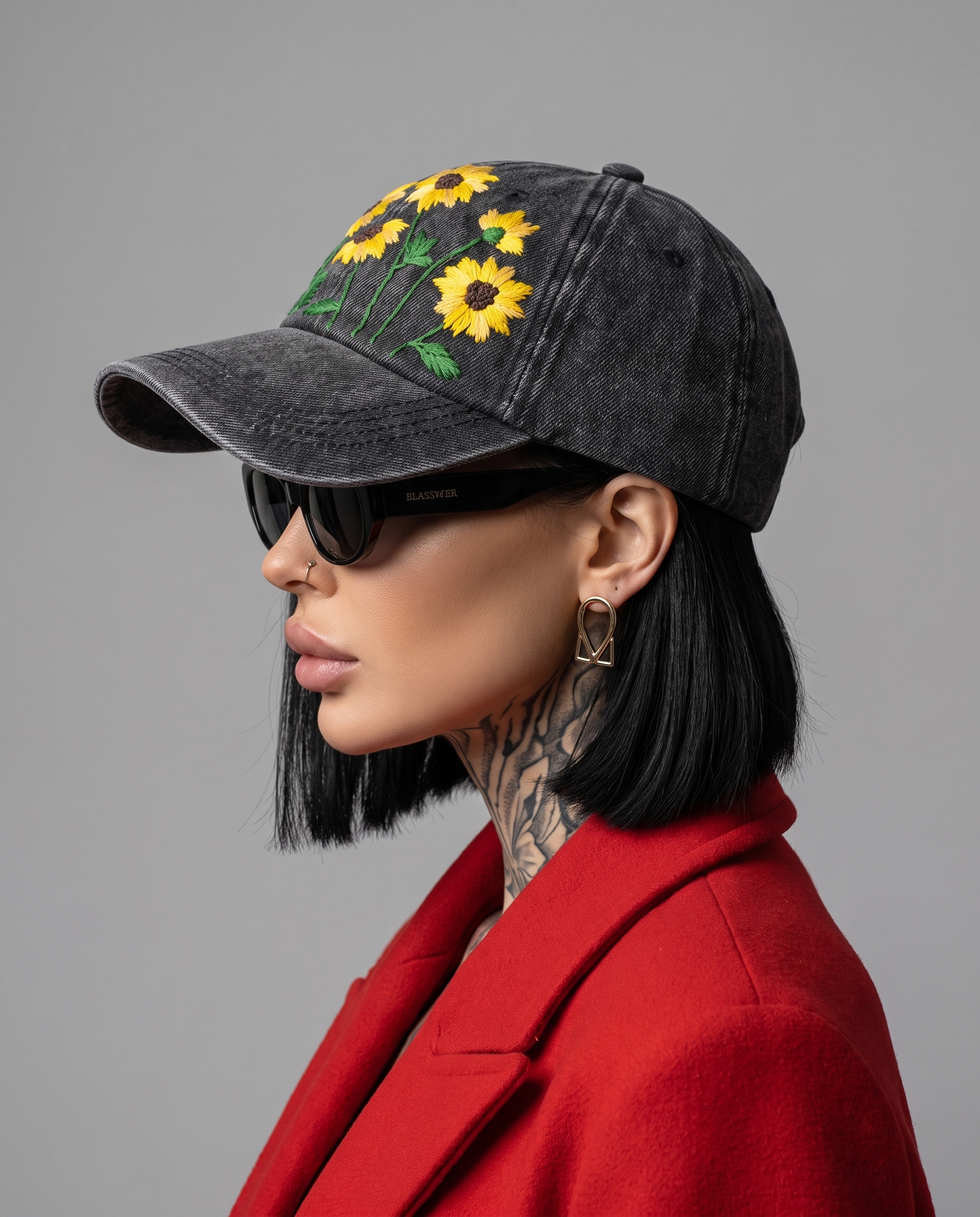 Side profile of model in Vee Threads sunflower field hand-embroidered unisex denim cap