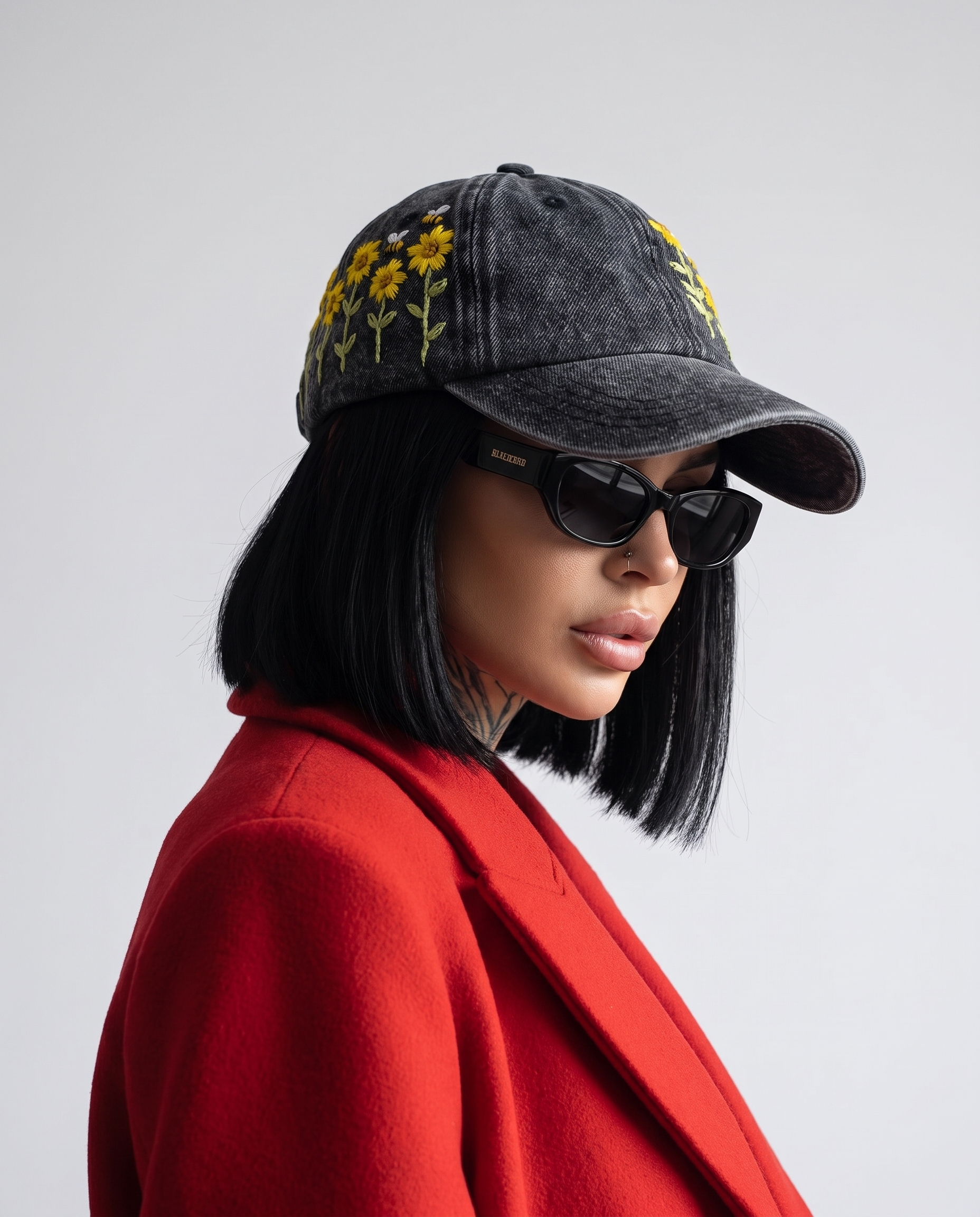 Model wearing Vee Threads sunflower field hand-embroidered denim baseball cap, front view with scattered sunflowers