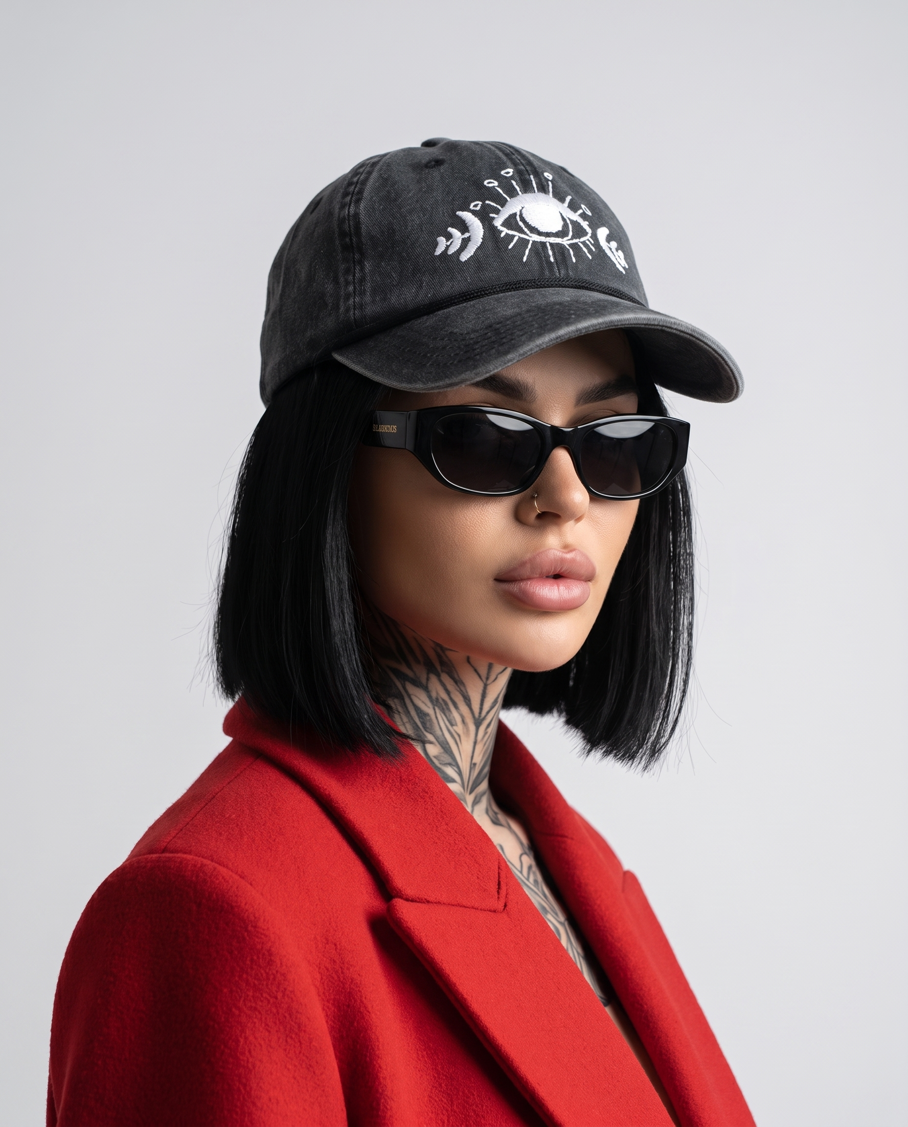 Model wearing Vee Threads third eye signal hand-embroidered denim cap, front view with bold white stitched motif