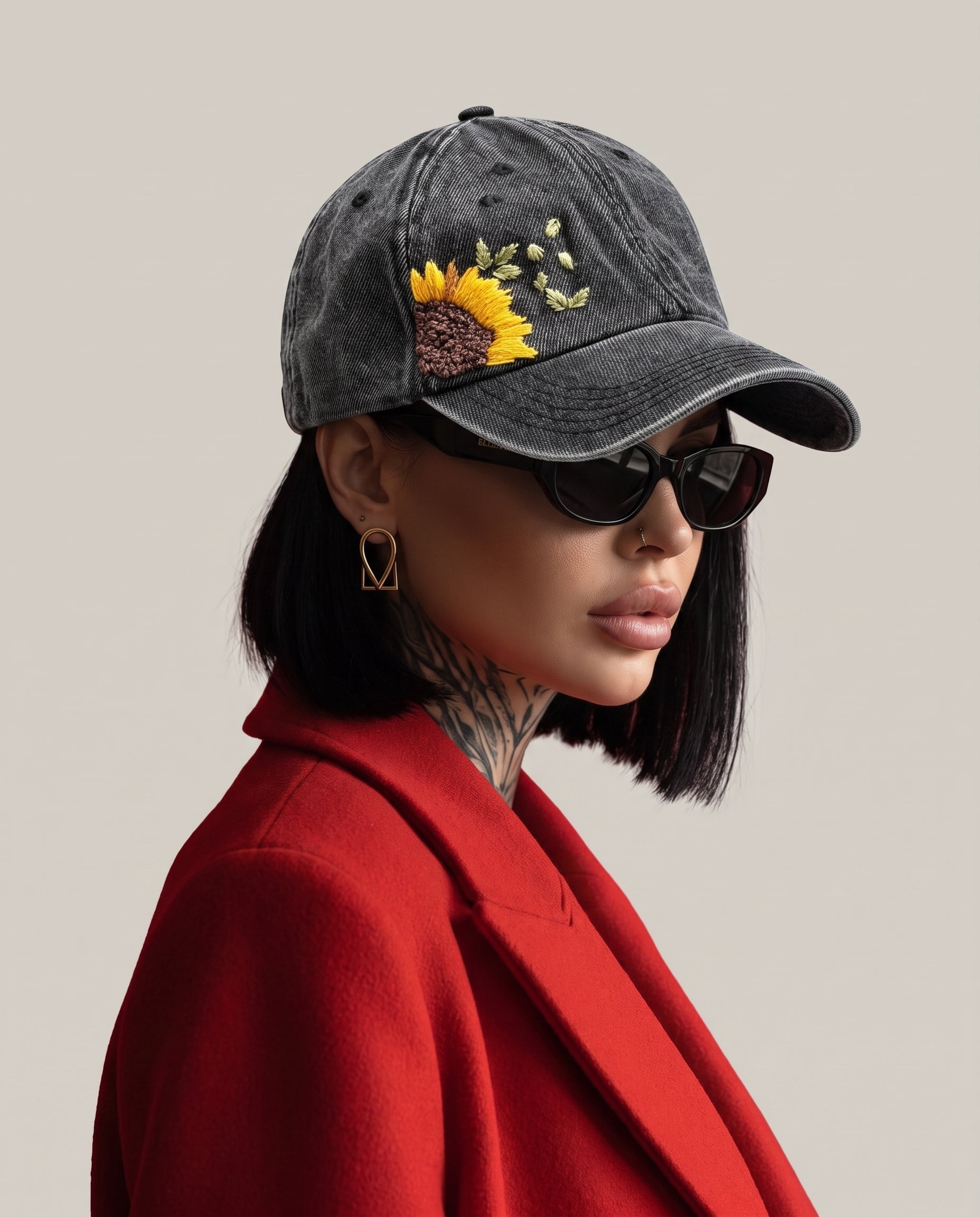 Model wearing Vee Threads hand-embroidered sunflower acid-wash denim cap, front view with floating petals