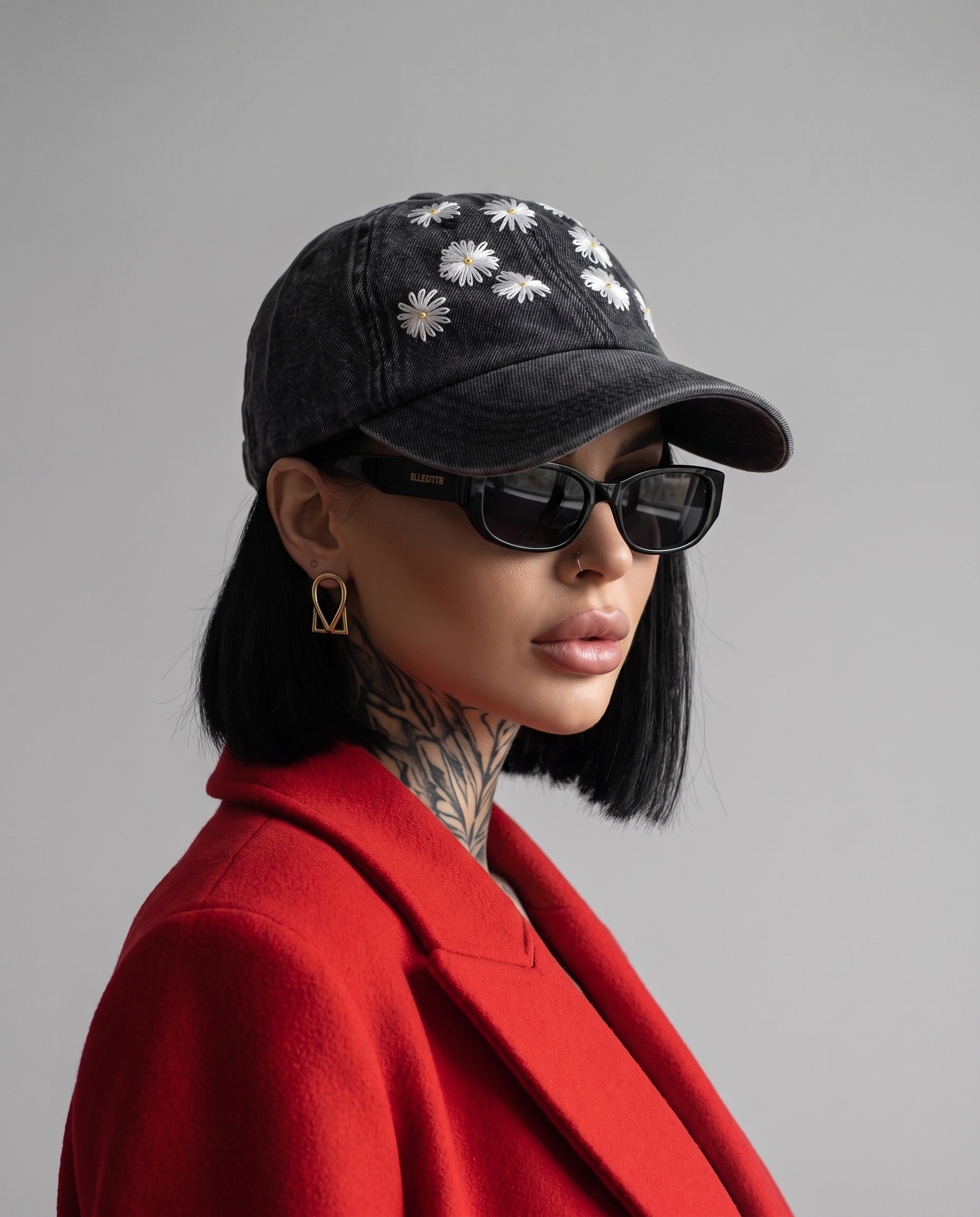 Model wearing Vee Threads daisy hand-embroidered vintage black denim cap, front view with white daisies