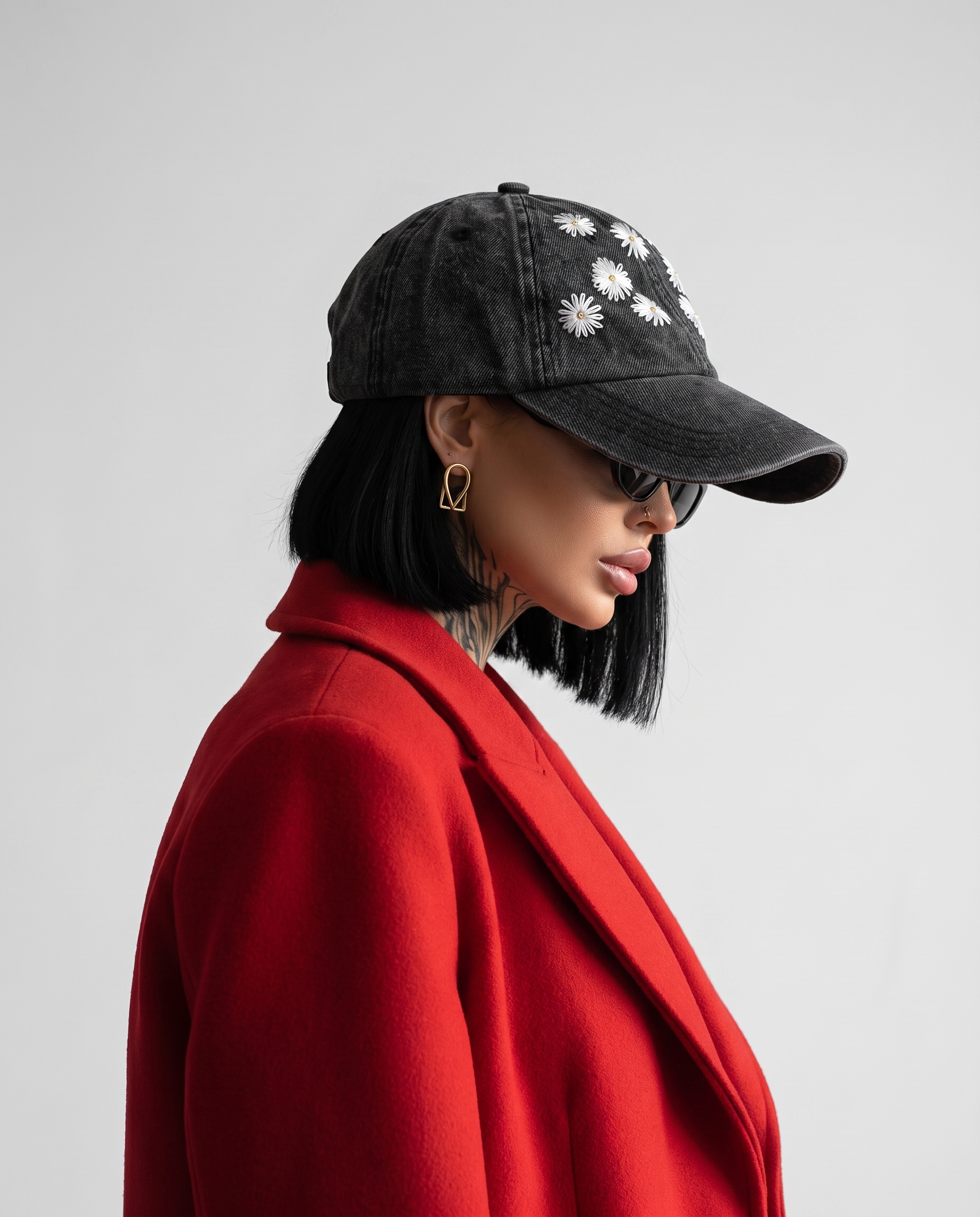 Side view of model in Vee Threads daisy hand-embroidered black denim baseball cap