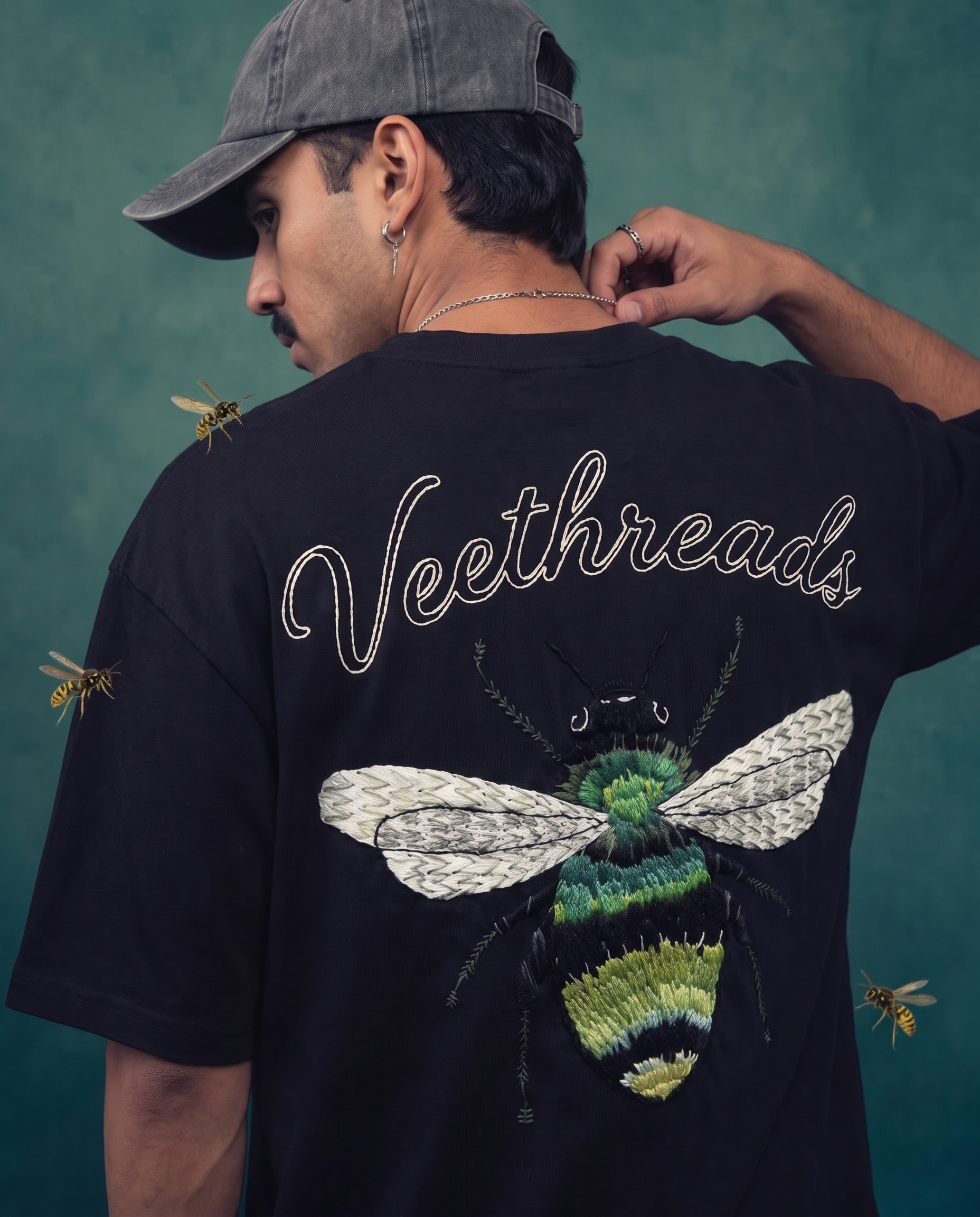 Bumblebee Hand Embroidered Oversized T-Shirt, Black
