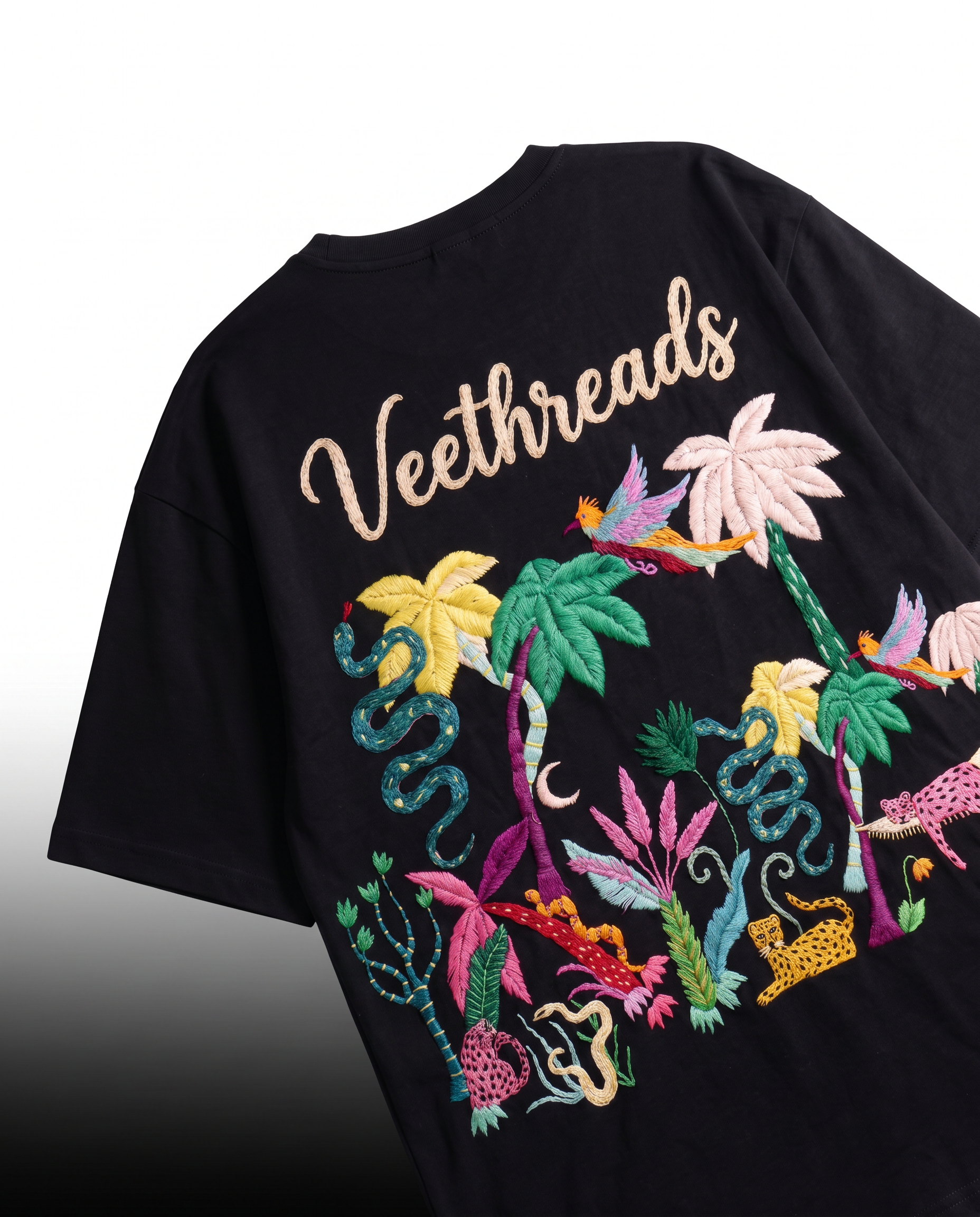 Night Jungle Hand Embroidered Oversized T-Shirt, Black