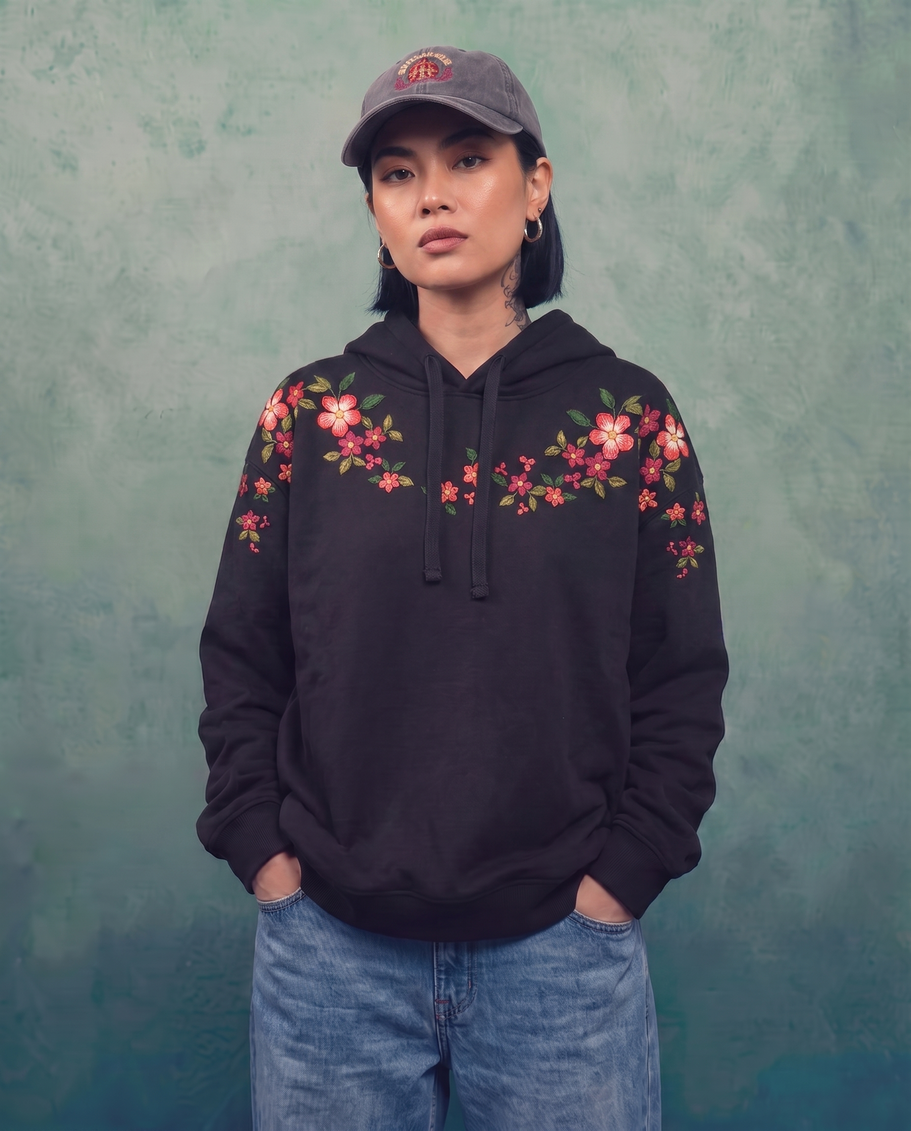 Hand-Embroidered Coral Blossom Hoodie, Black