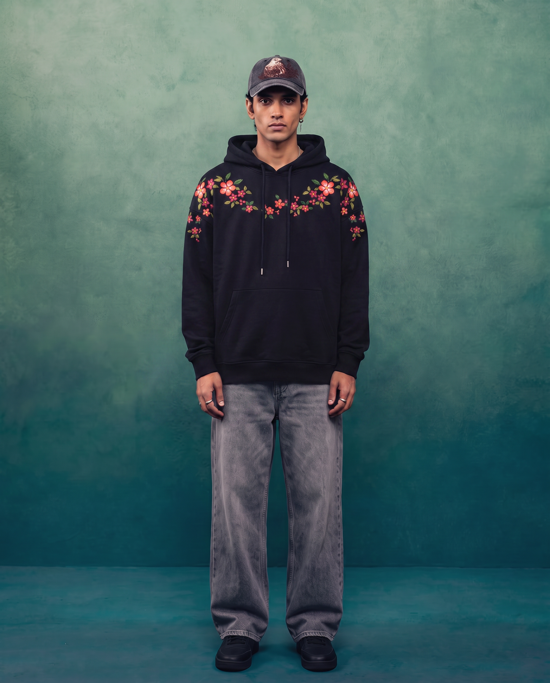 Hand-Embroidered Coral Blossom Hoodie, Black