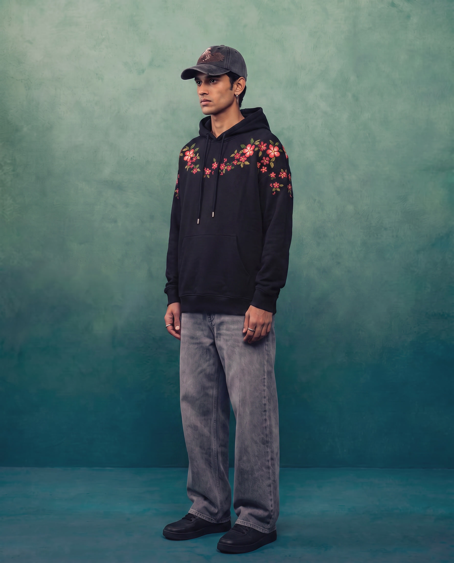 Hand-Embroidered Coral Blossom Hoodie, Black