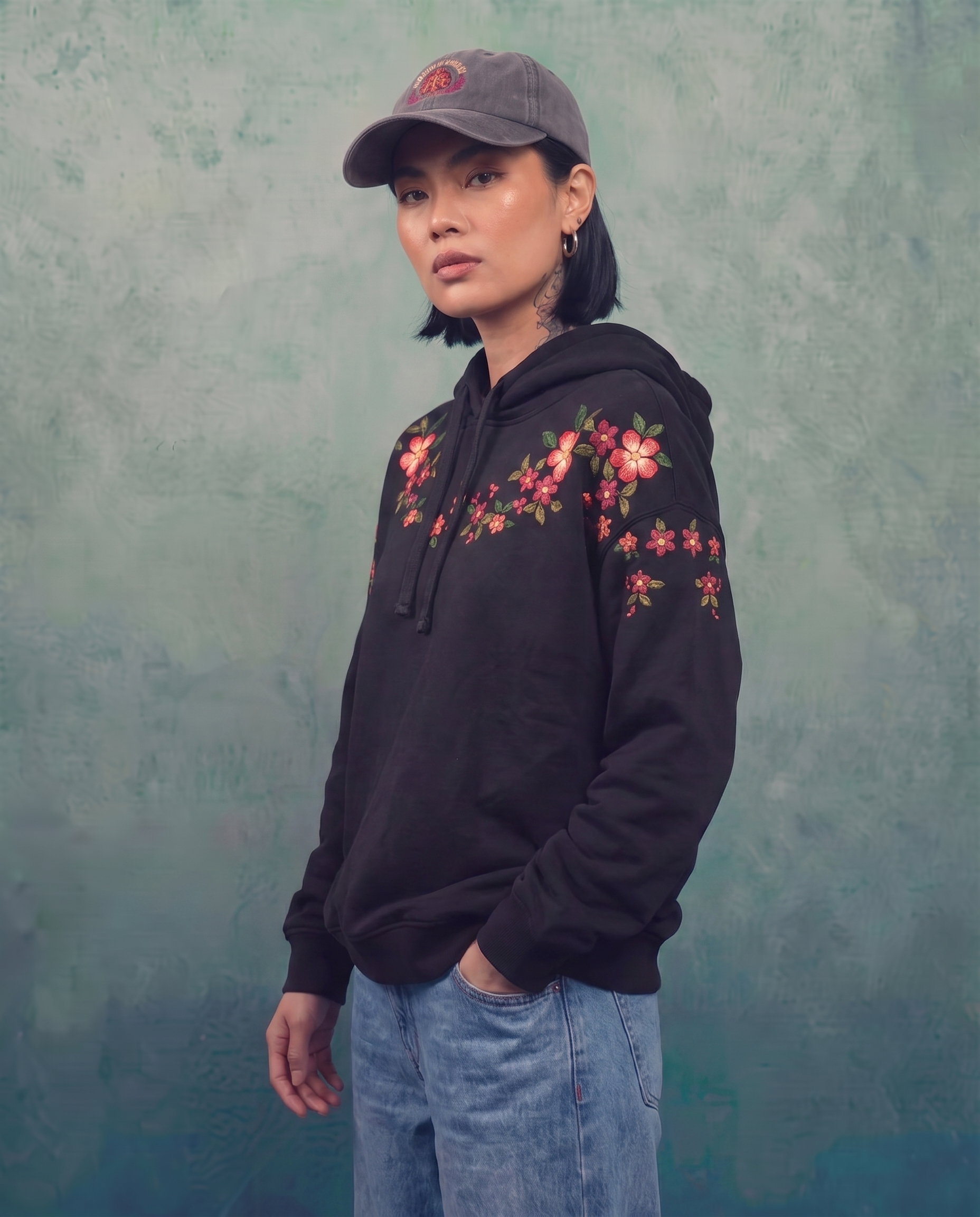 Hand-Embroidered Coral Blossom Hoodie, Black