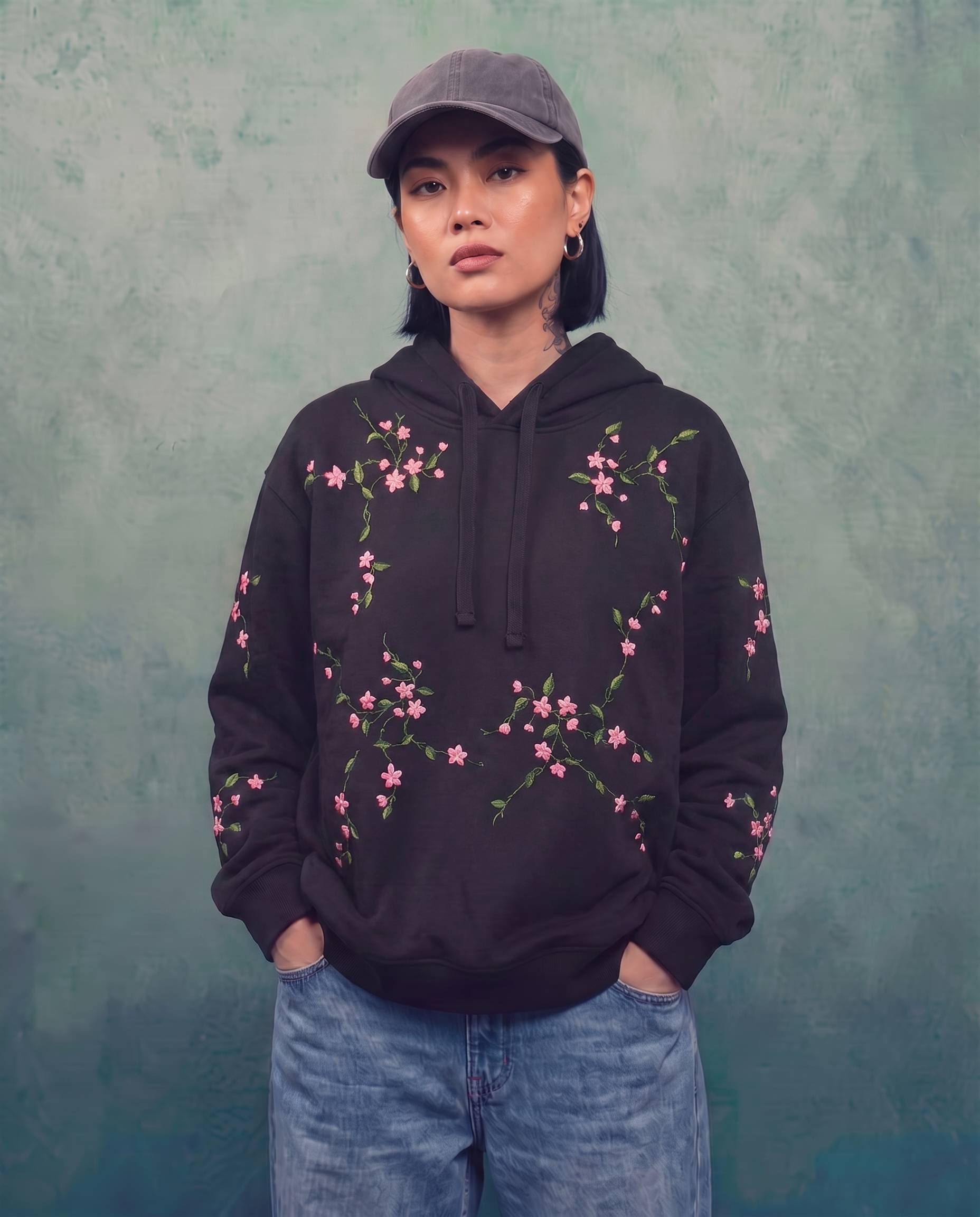Cherry Blossom Hand-Embroidered Hoodie