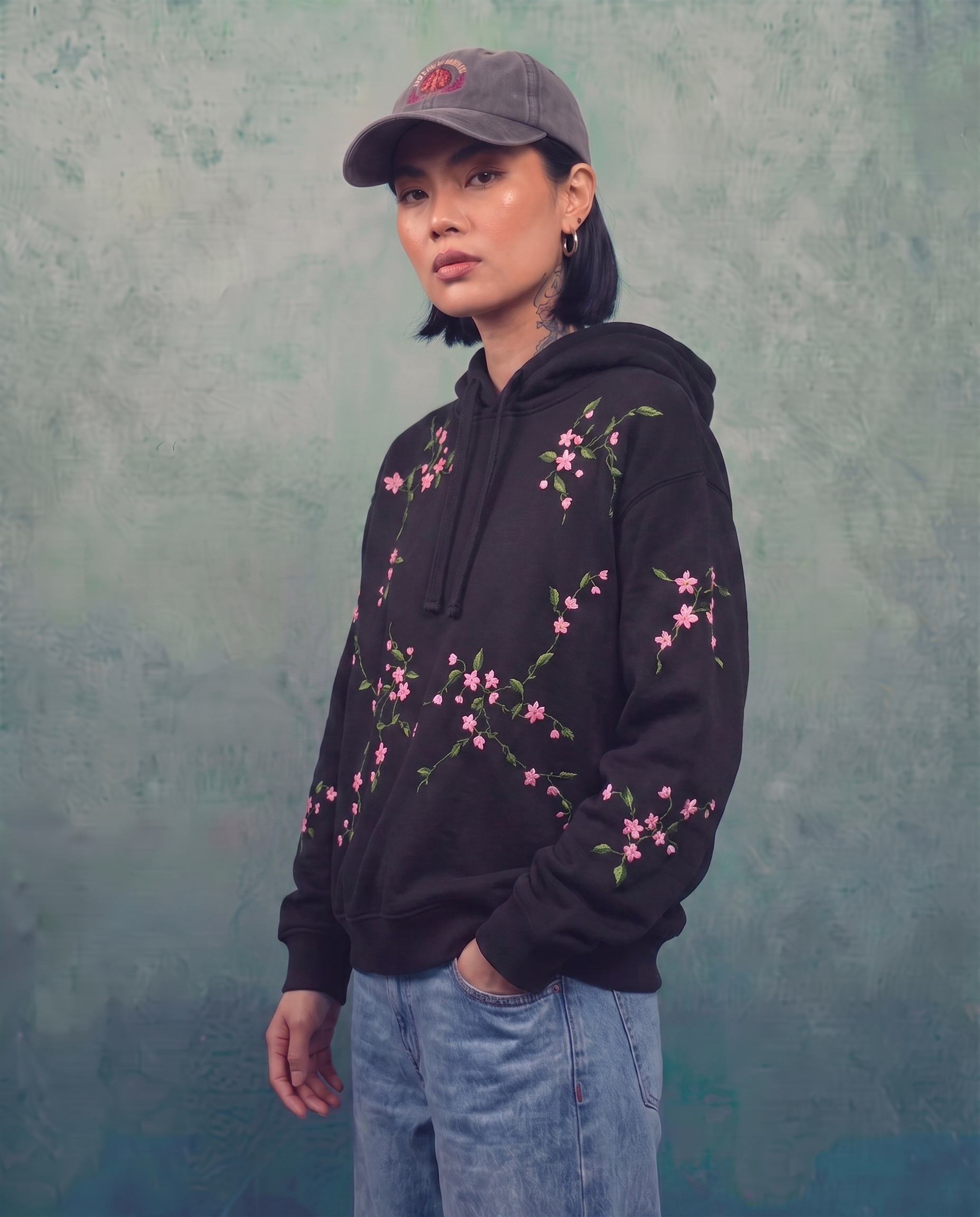 Cherry Blossom Hand-Embroidered Hoodie