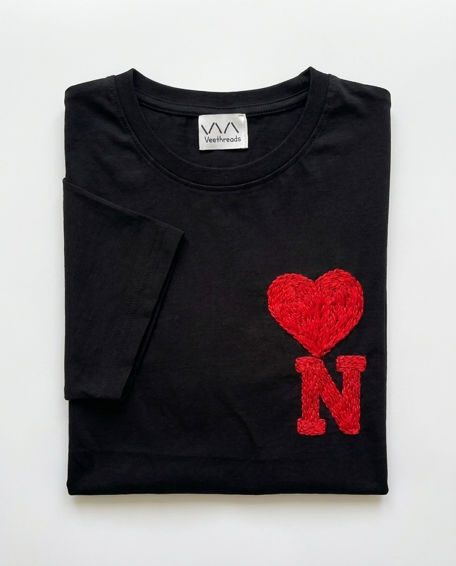 Heart Initial Hand Embroidered T-Shirt, Black & White