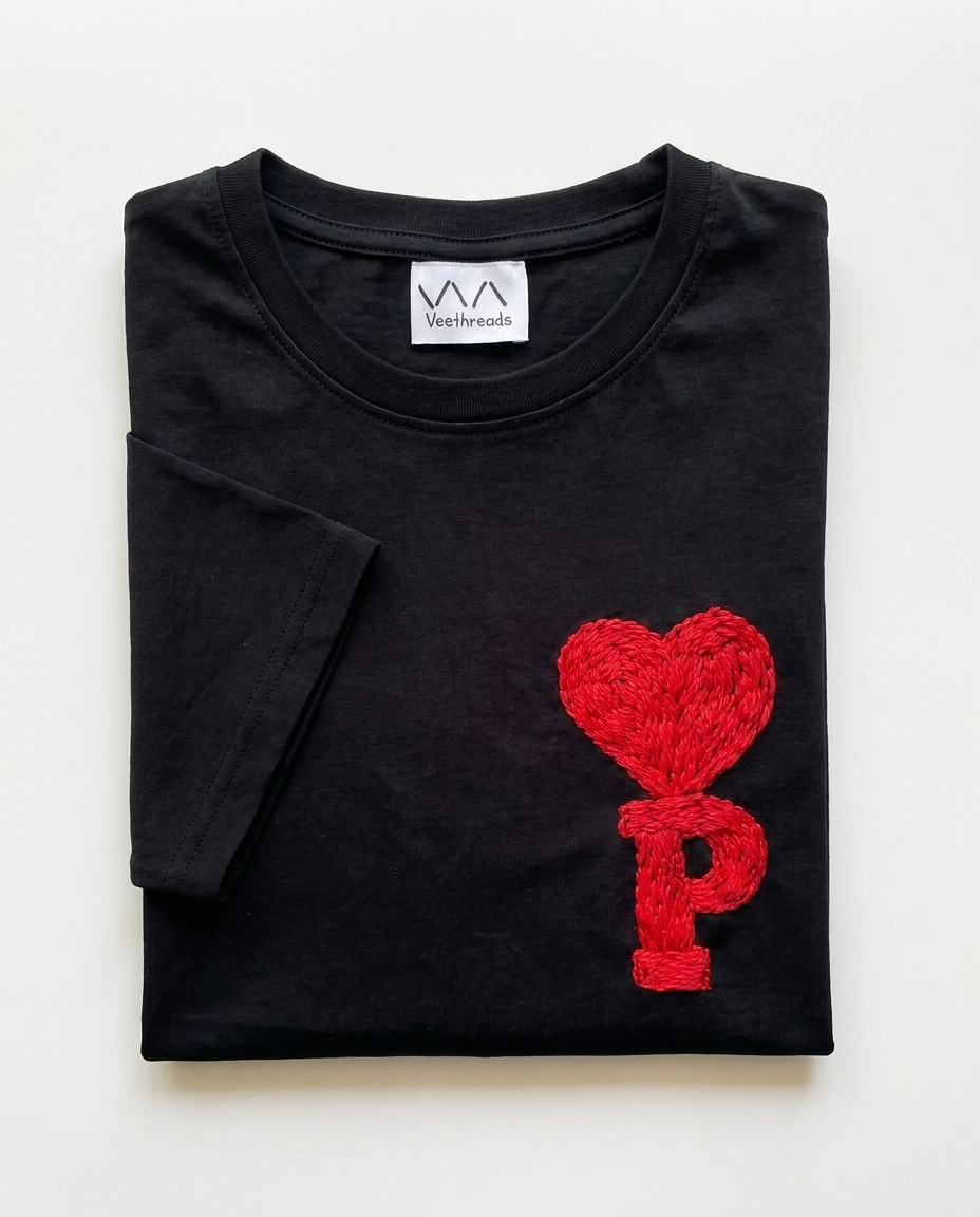 Heart Initial Hand Embroidered T-Shirt, Black & White