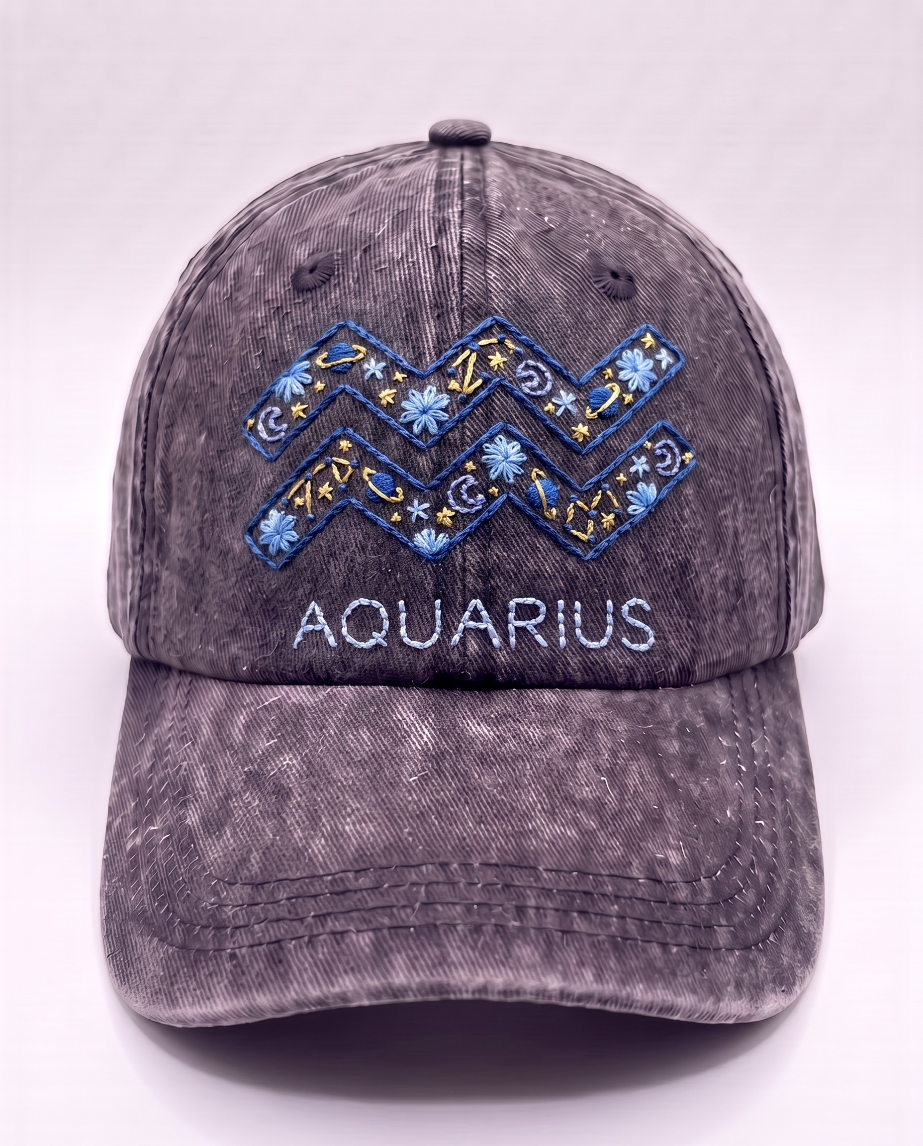Aquarius zodiac cap, navy and gold waves hand-embroidered on charcoal acid-wash denim